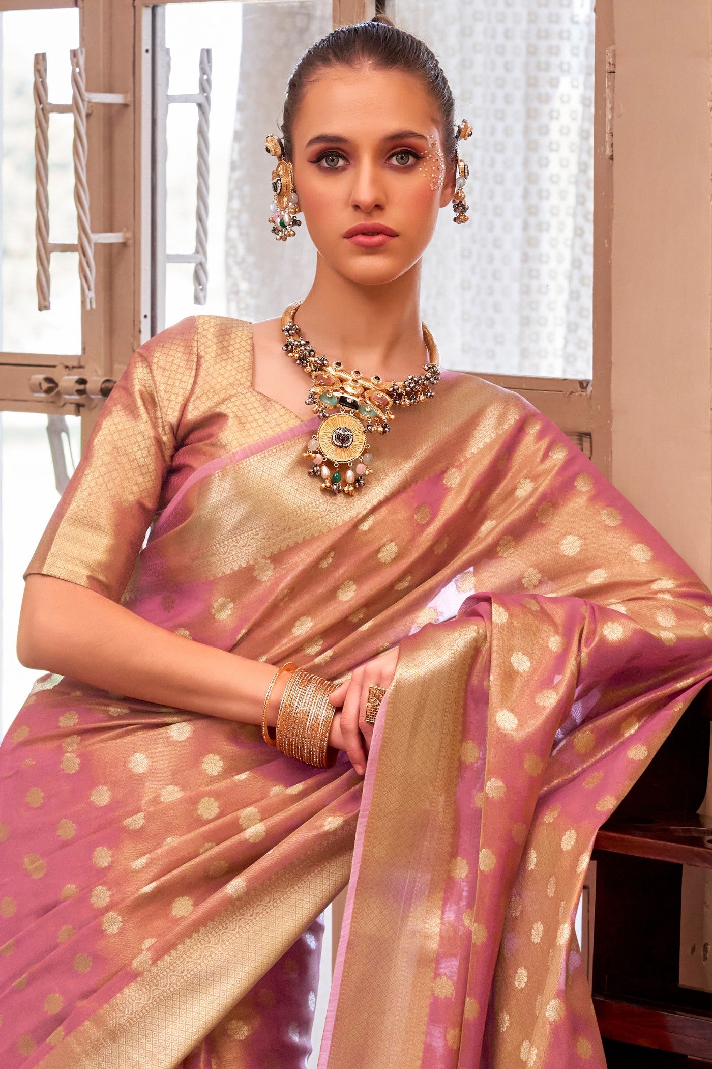 Buy MySilkLove Rose Peach Woven Tissue Silk Saree Online