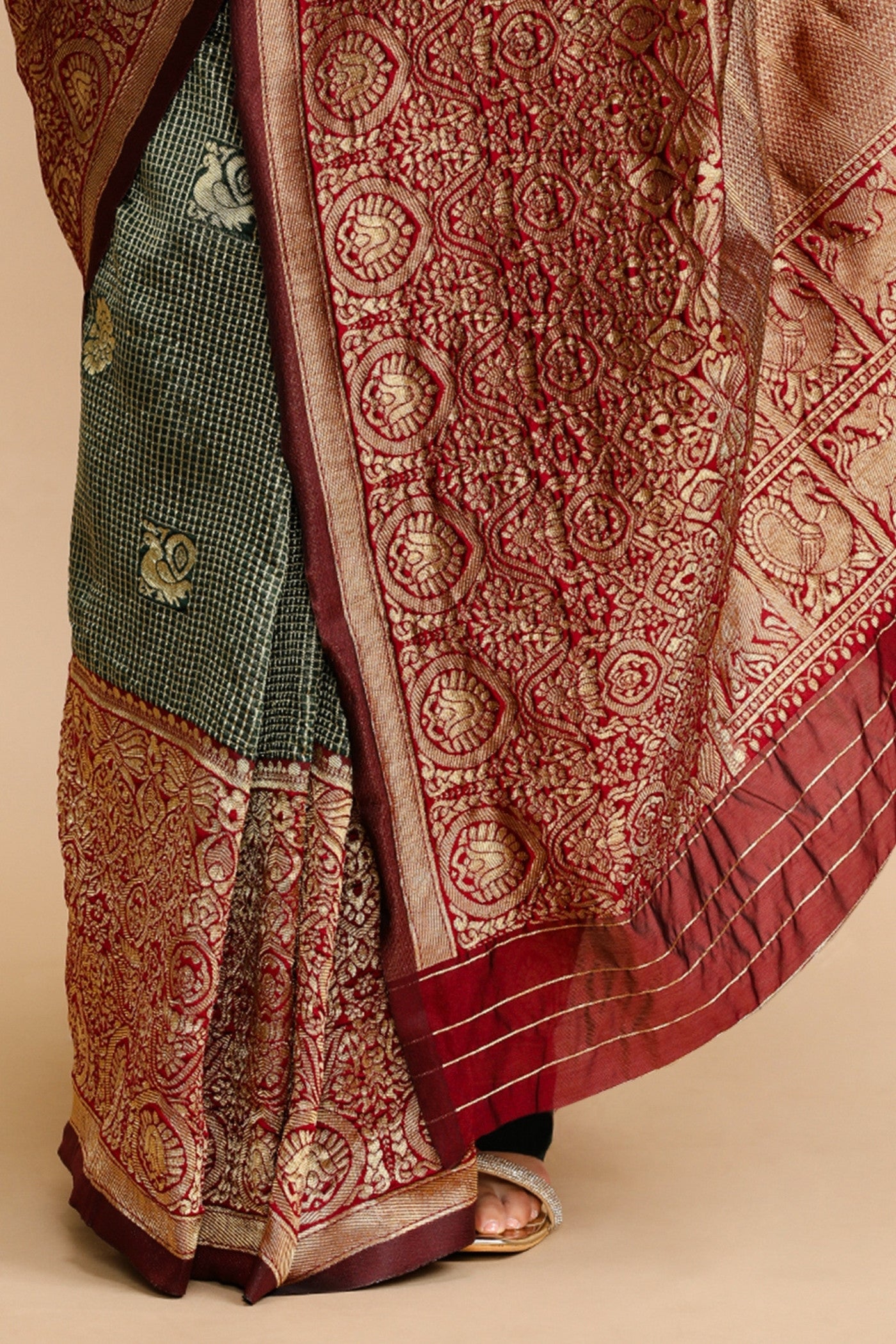 Buy MySilkLove Fern Green and Red Woven Jacquard Lichi Silk Saree Online