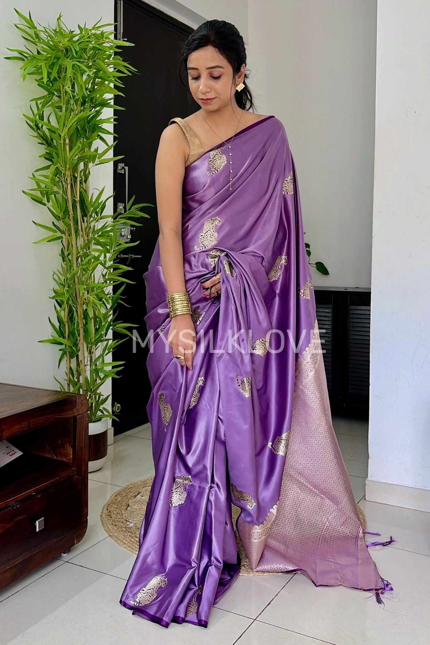 Buy MySilkLove Wisteria Purple Tiger Print Satin Woven Saree Online