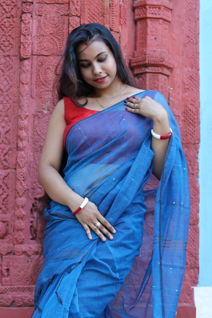 MySilkLove Bondi Blue Cotton Sequence Chumki Saree