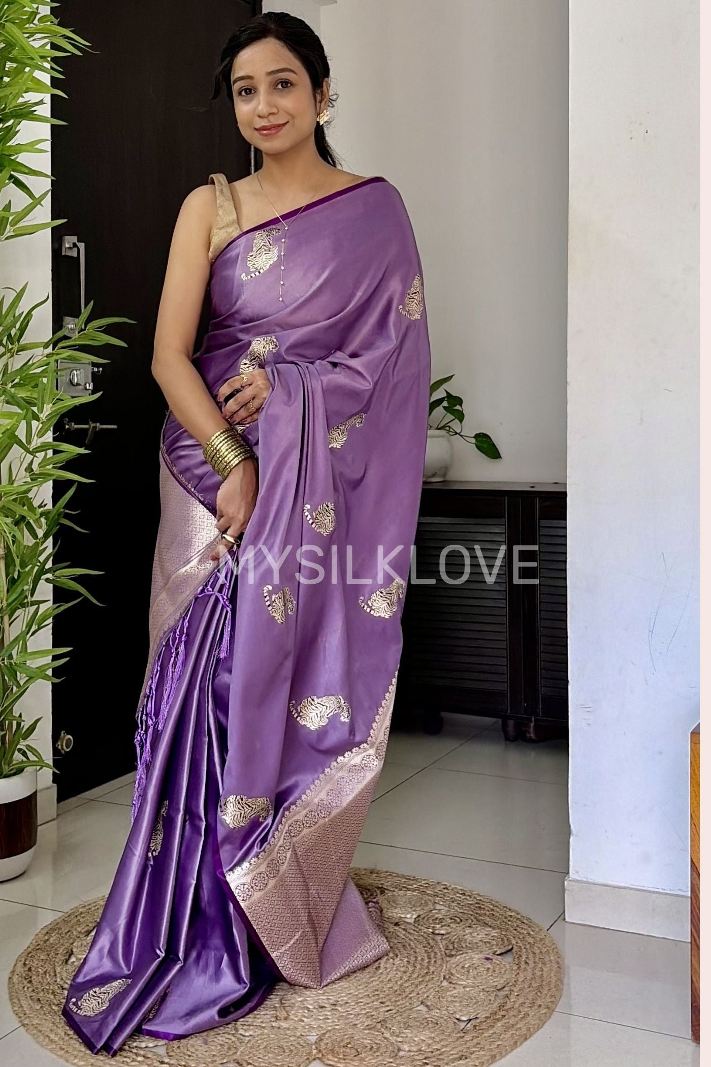 Buy MySilkLove Wisteria Purple Tiger Print Satin Woven Saree Online