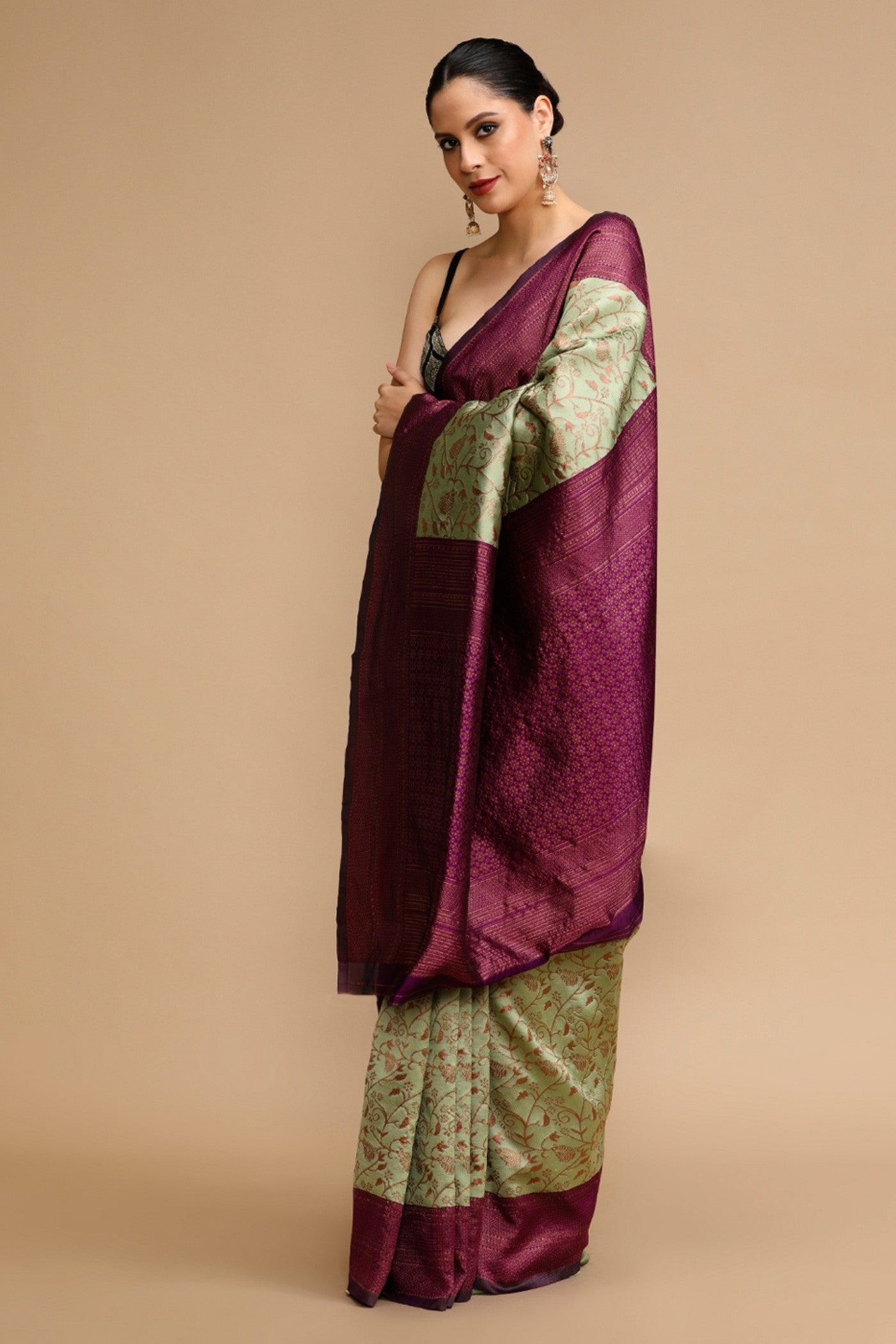 Buy MySilkLove Frosted Cream Woven Jacquard Lichi Silk Saree Online
