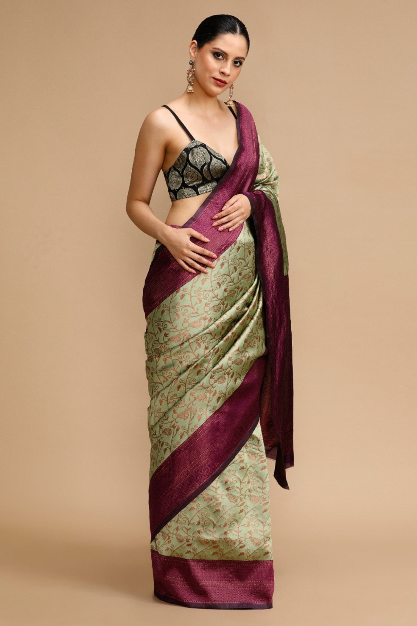 Buy MySilkLove Frosted Cream Woven Jacquard Lichi Silk Saree Online