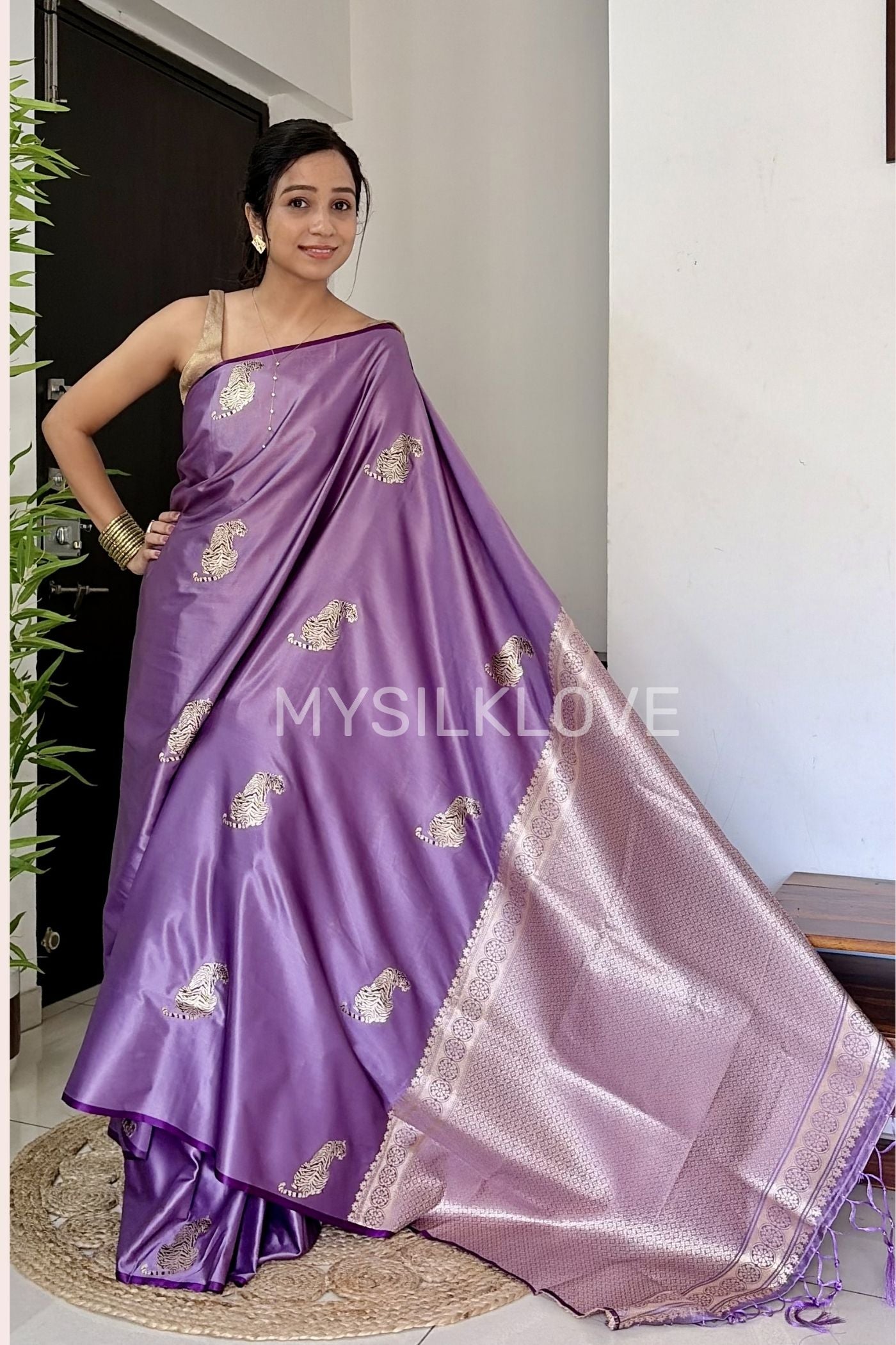 Buy MySilkLove Wisteria Purple Tiger Print Satin Woven Saree Online