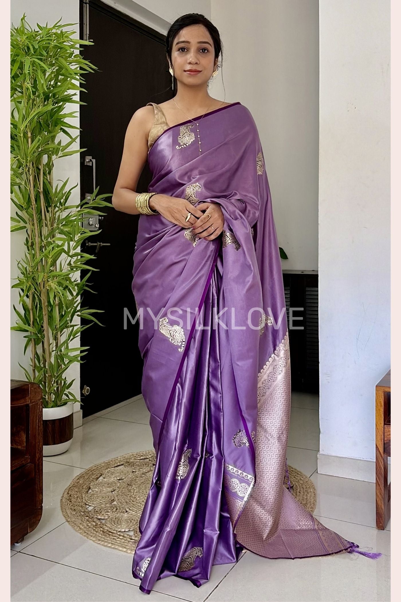 Buy MySilkLove Wisteria Purple Tiger Print Satin Woven Saree Online
