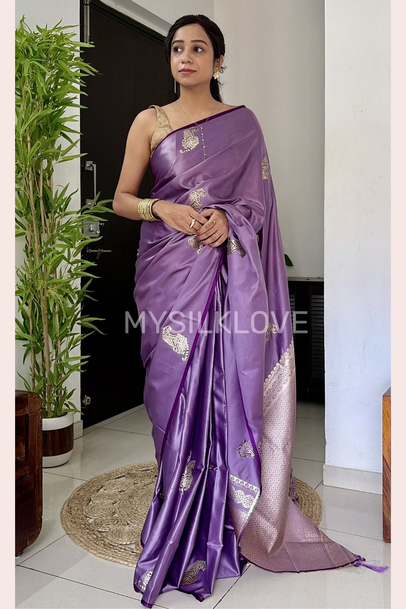 Buy MySilkLove Wisteria Purple Tiger Print Satin Woven Saree Online