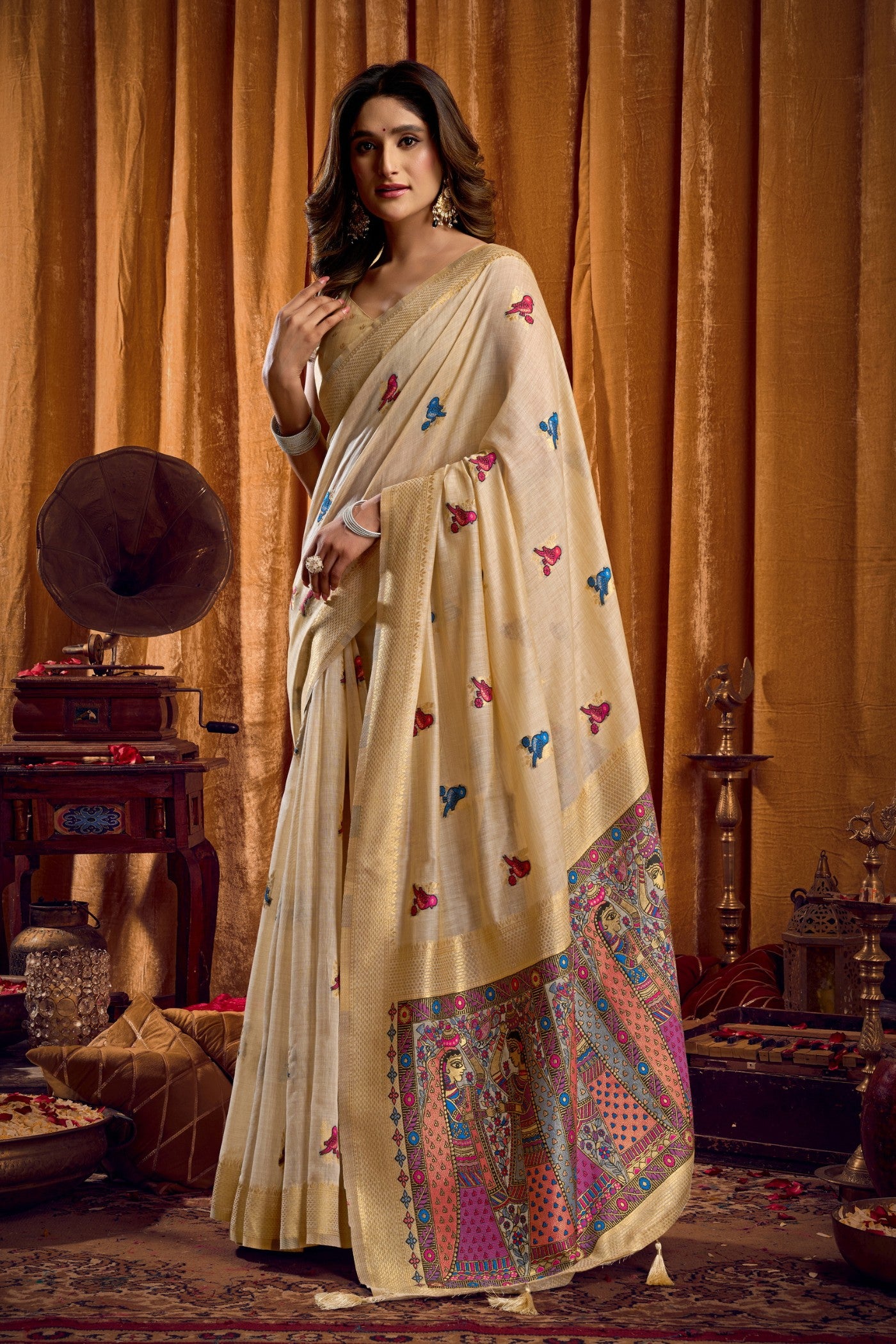 Buy MySilkLove Oyster Cream Woven Cotton Saree Online