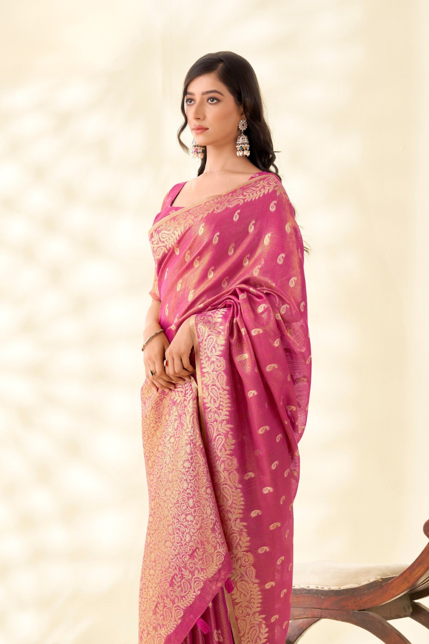 Buy MySilkLove Bush Pink Woven Tissue Linen Saree Online