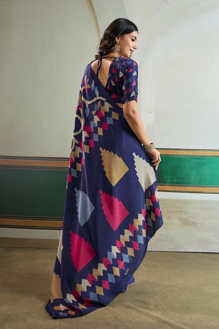 Buy MySilkLove Navy Blue Modal Ajrakh Printed Satin Silk Saree Online