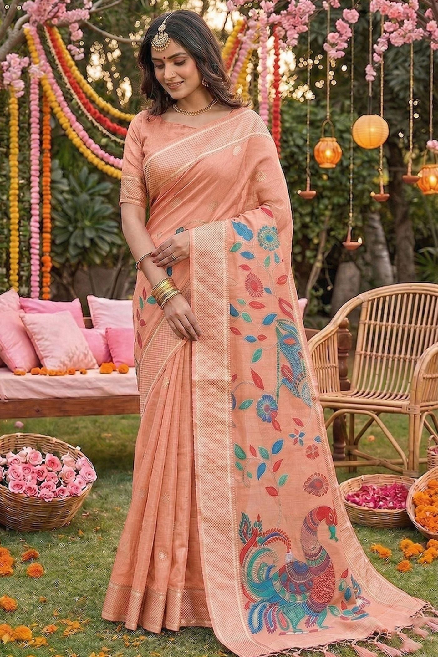 MySilkLove Apricot Peach Woven Linen Cotton Saree
