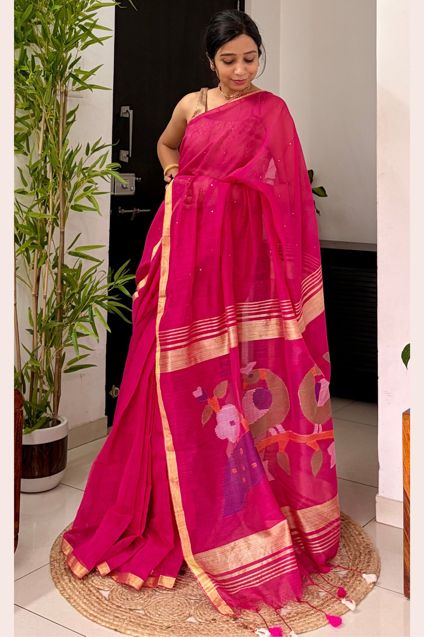 Buy MySilkLove Zinnia Pink Handloom Chanderi Cotton Silk Saree Online