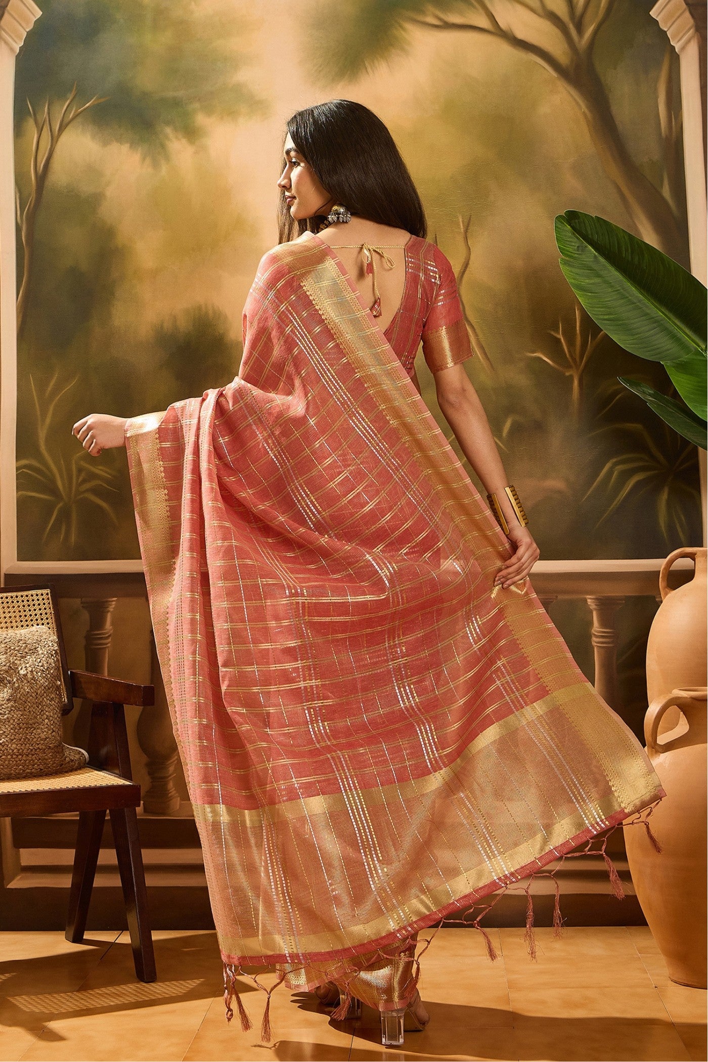 Buy MySilkLove Rust Peach Woven Organza Saree Online
