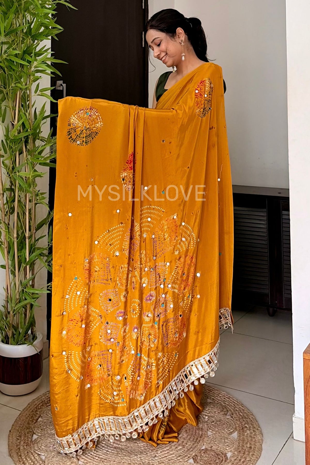 Buy MySilkLove Antique Yellow Satin Printed Bandhani Mirror Work Saree — Buy Online | MySilkLove Online