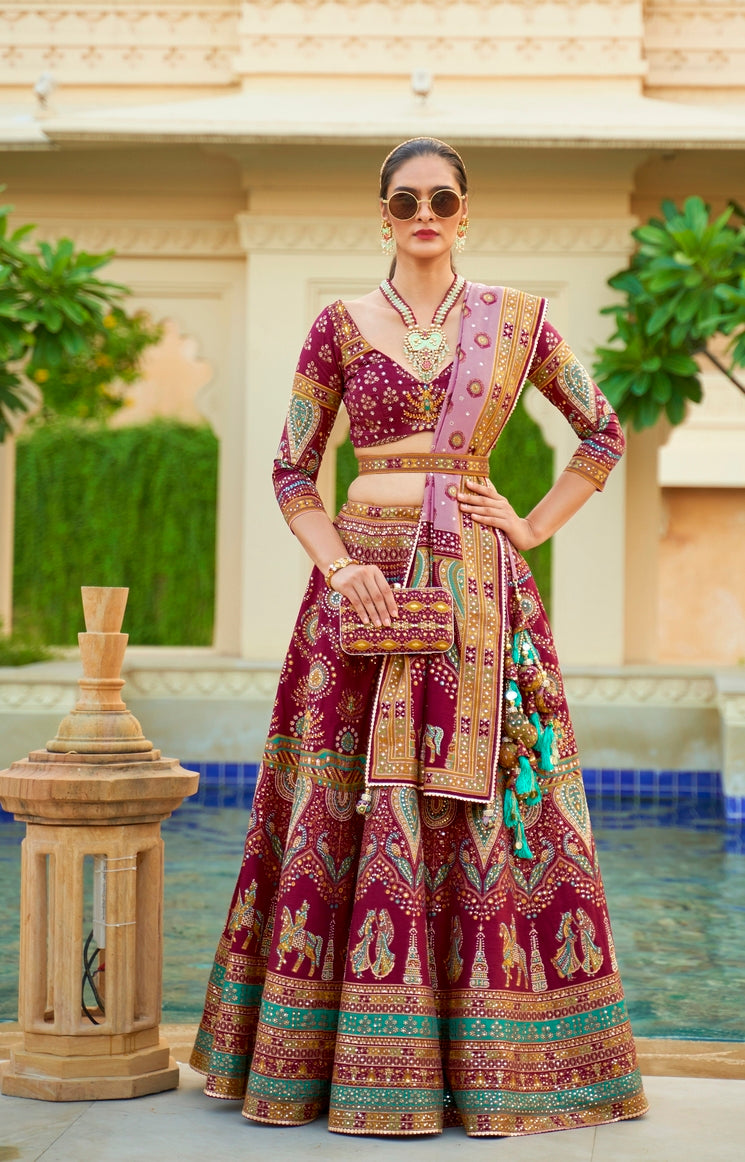 Buy MySilkLove Coral Maroon Woven Lehenga Choli With Heavy Embroidery Work Online