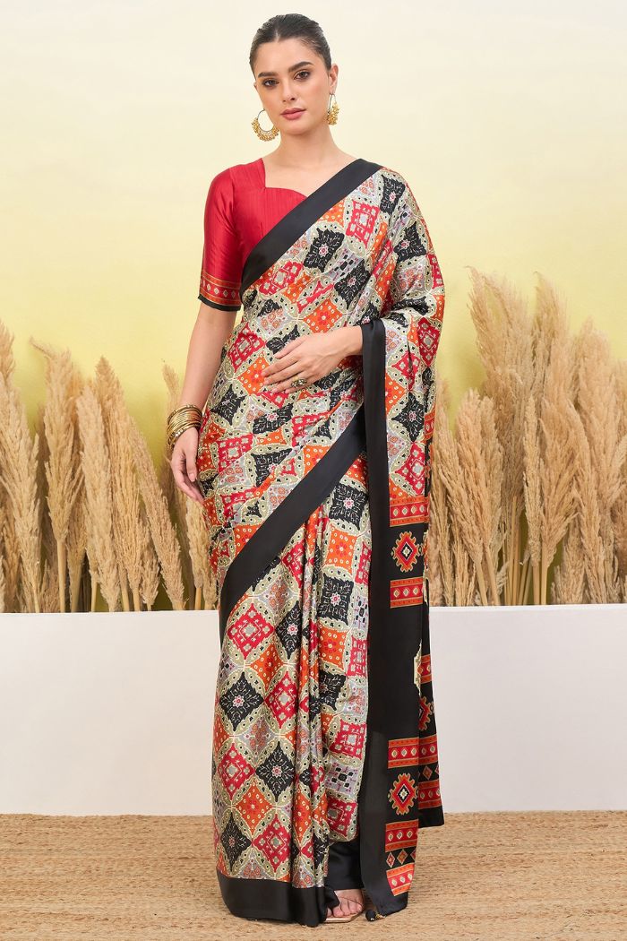 Buy MySilkLove Rio Black and Cream Patola Printed Satin Crepe Silk Saree Online