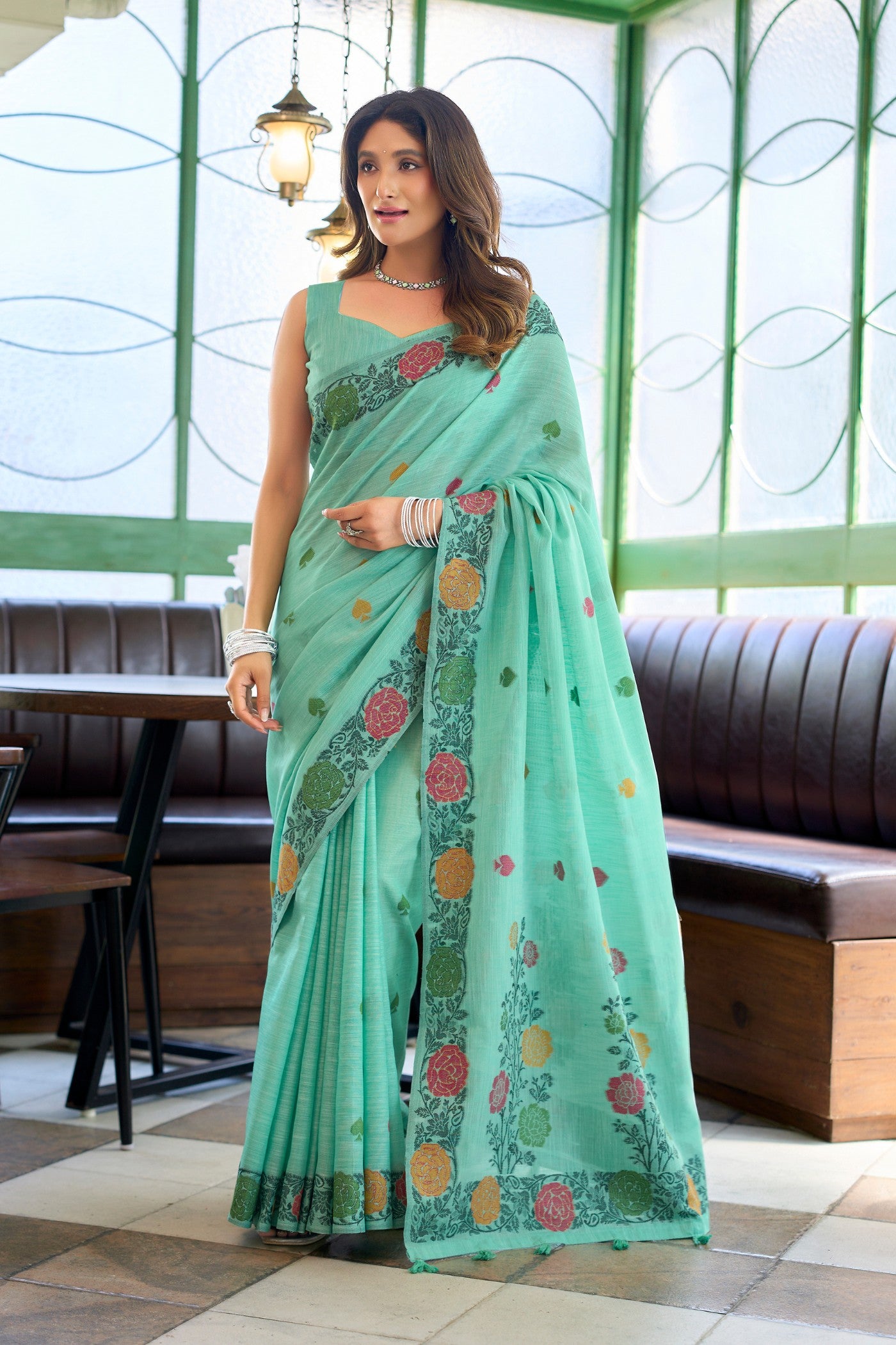Buy MySilkLove Spring Green Floral Handloom Linen Saree Online