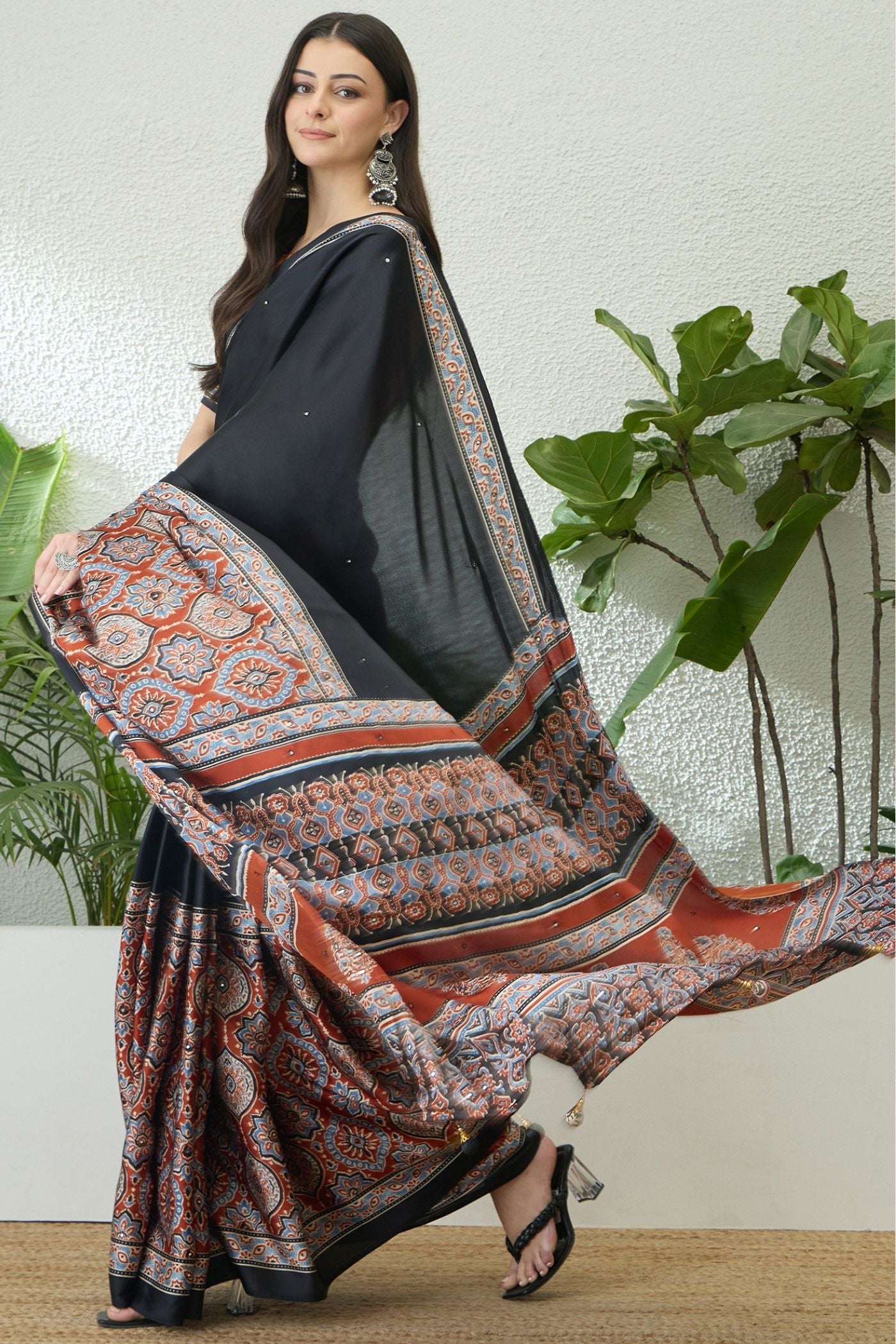 Buy MySilkLove Noir Black and Orange Modal Ajrakh Satin Printed Silk Saree Online