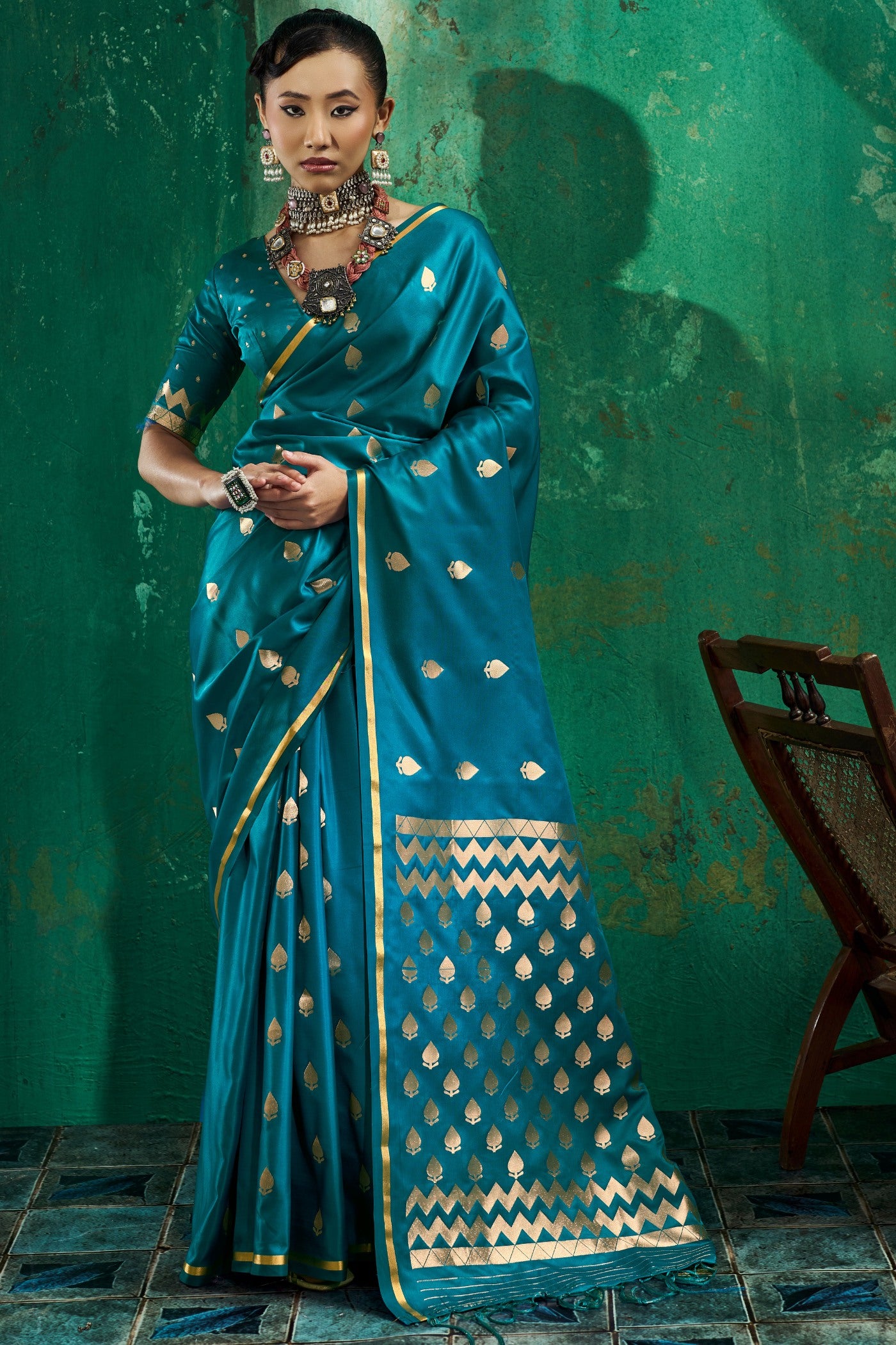 Buy MySilkLove Ocean Blue Handloom Satin Silk Saree Online