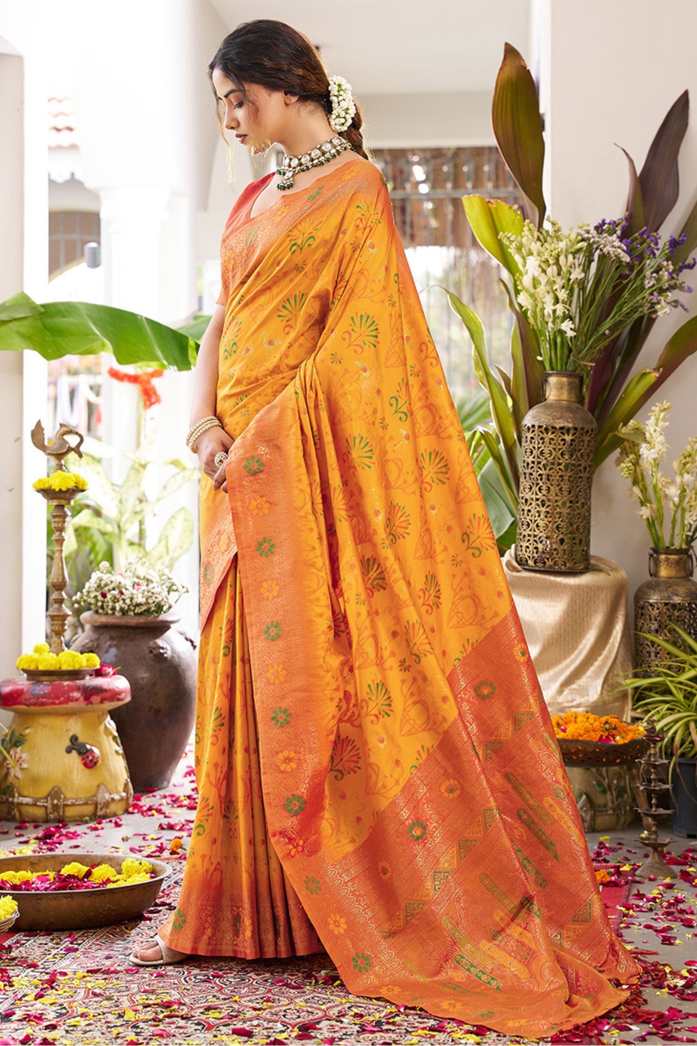 Buy MySilkLove Saffron Yellow Banarasi Woven Soft Silk Saree Online