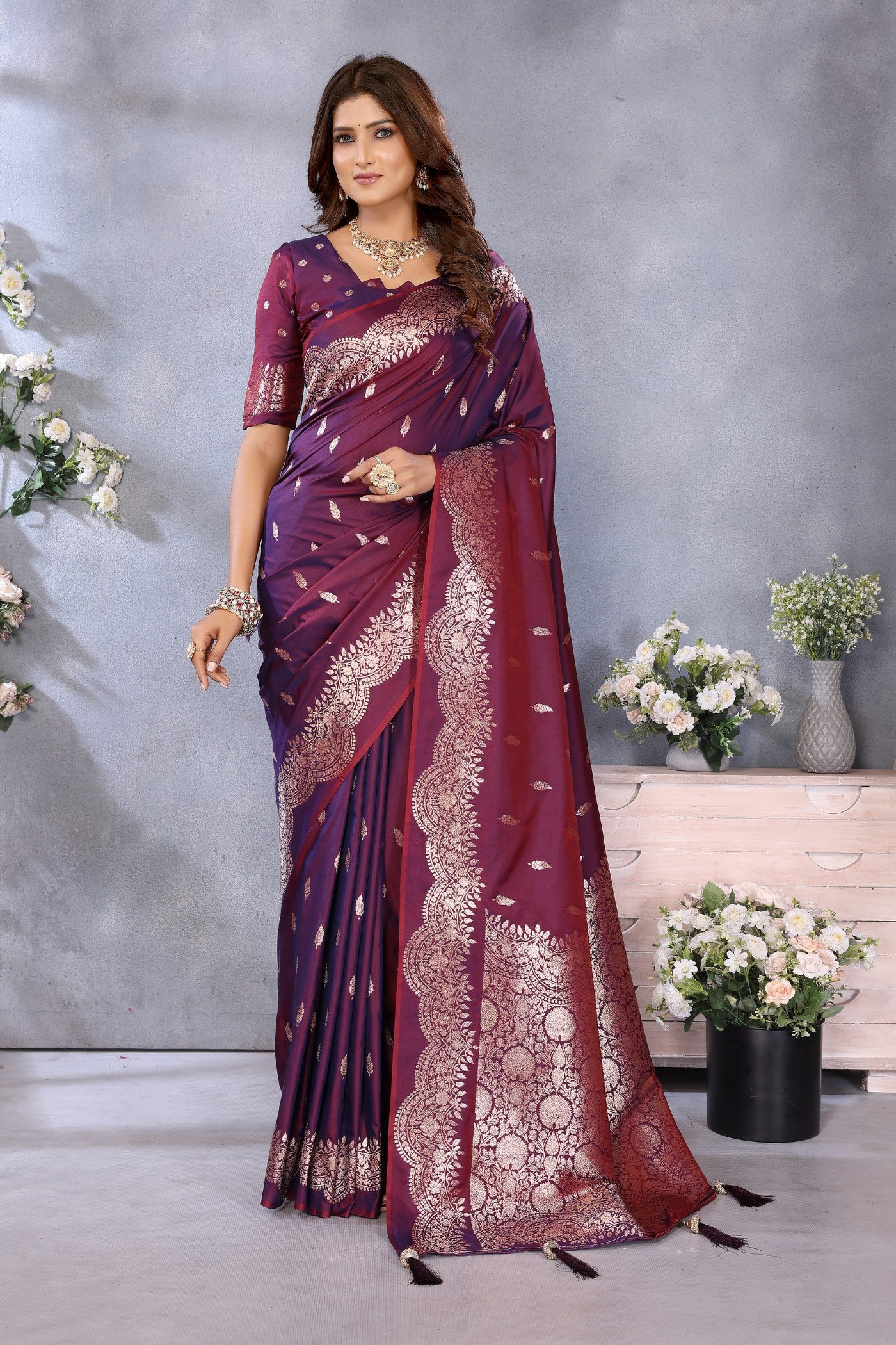 Buy MySilkLove Wine Purple Woven Banarasi Saree Online