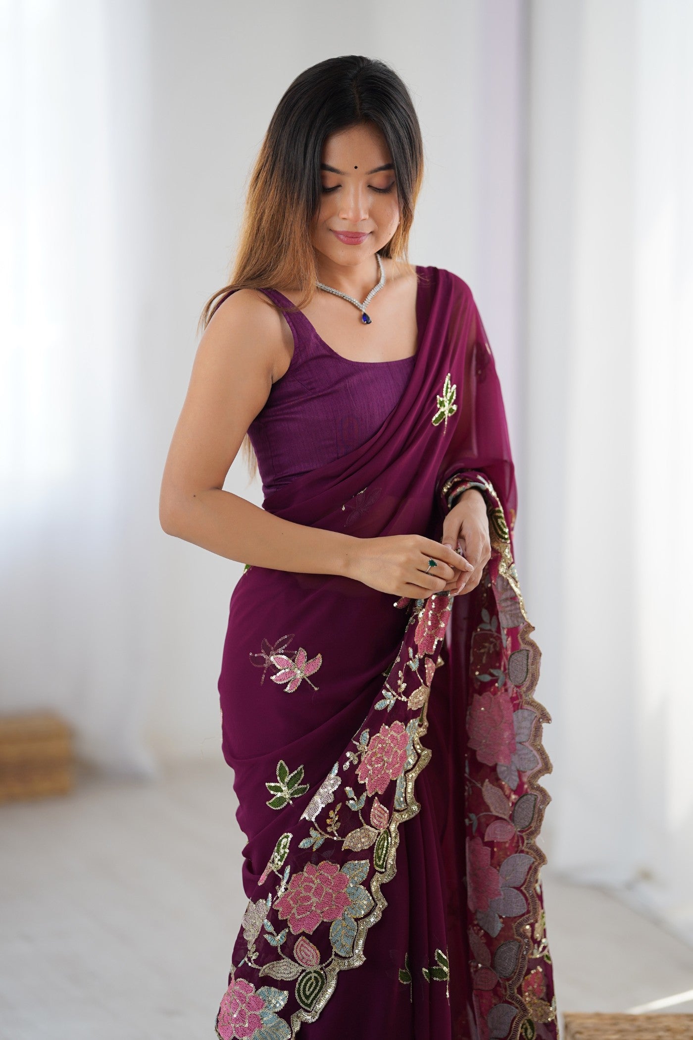 Buy MySilkLove Wine Purple Georgette Partwaer Saree Online