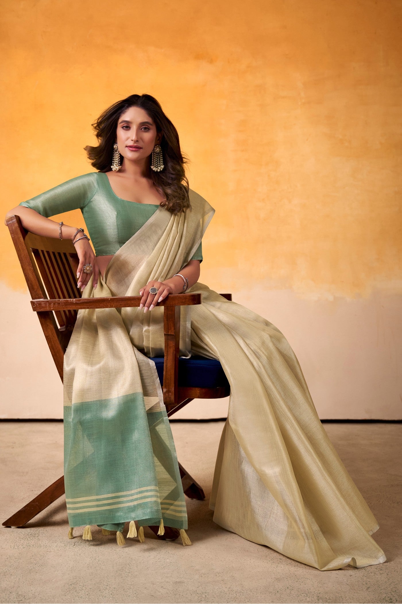 Buy MySilkLove Salt Cream and Green Woven Tissue Silk Saree Online