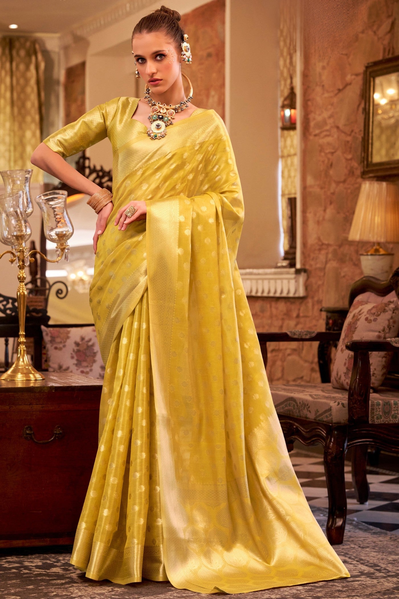 Buy MySilkLove Minion Yellow Woven Tissue Silk Saree Online