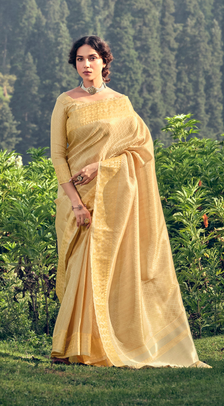 Buy MySilkLove Golden Yellow Linen Tissue Saree Online