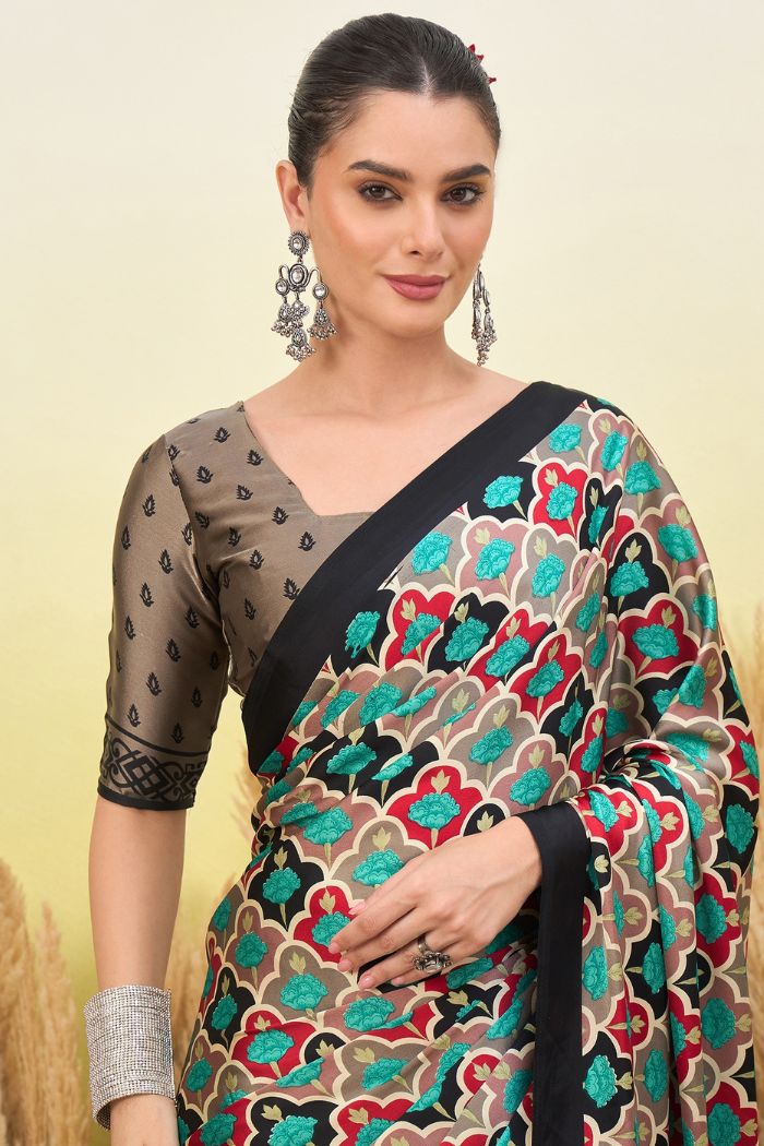 Buy MySilkLove Wild Blue and Black Modal Satin Printed Silk Saree Online