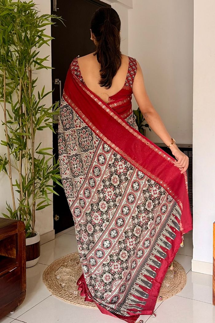 Buy MySilkLove Beige Red and Red Modal Ajrakh Satin Printed Mirror Work Saree Online