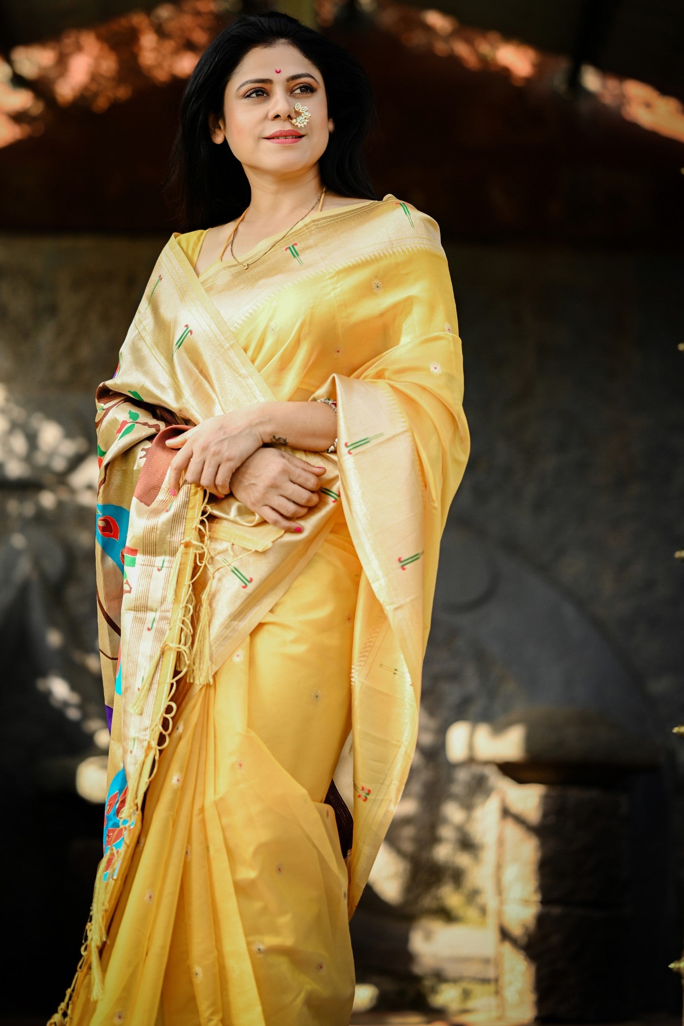 Buy MySilkLove Bumblebee Yellow Organza Woven Paithani Saree Online
