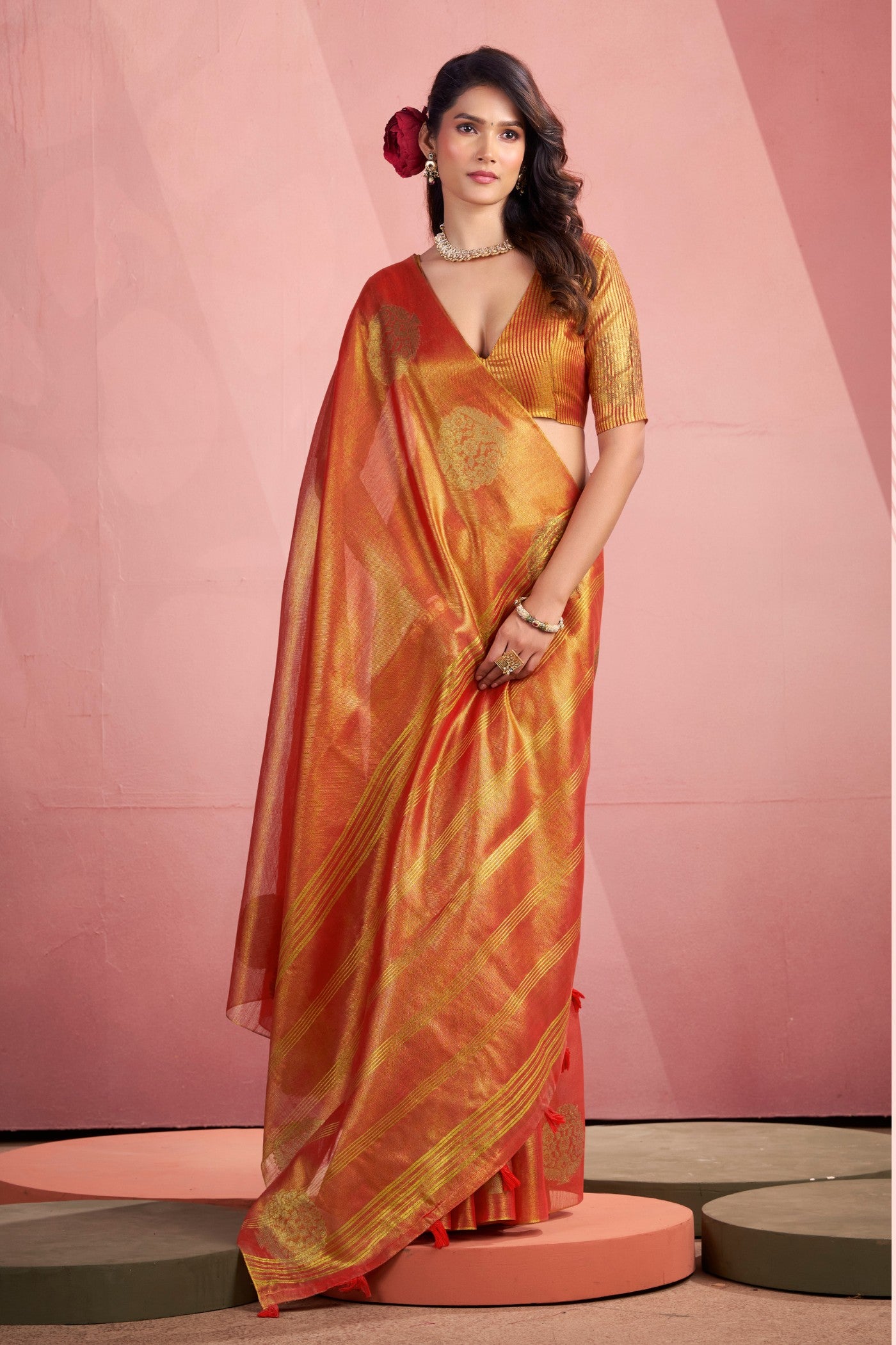 Buy MySilkLove Cider Orange Zari Woven Tisssue Saree Online