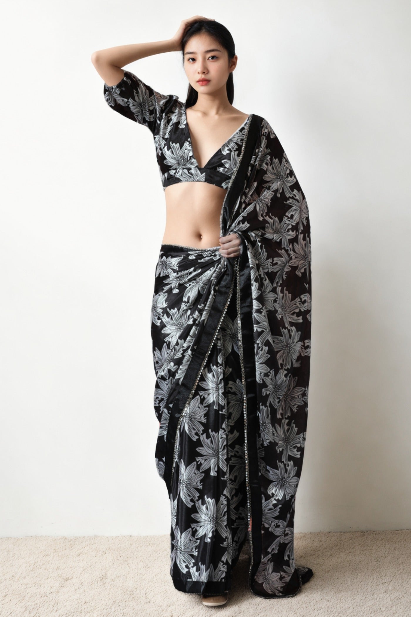 Buy MySilkLove Ebony Black Chinon Digital Printed Ready To Wear Saree Online