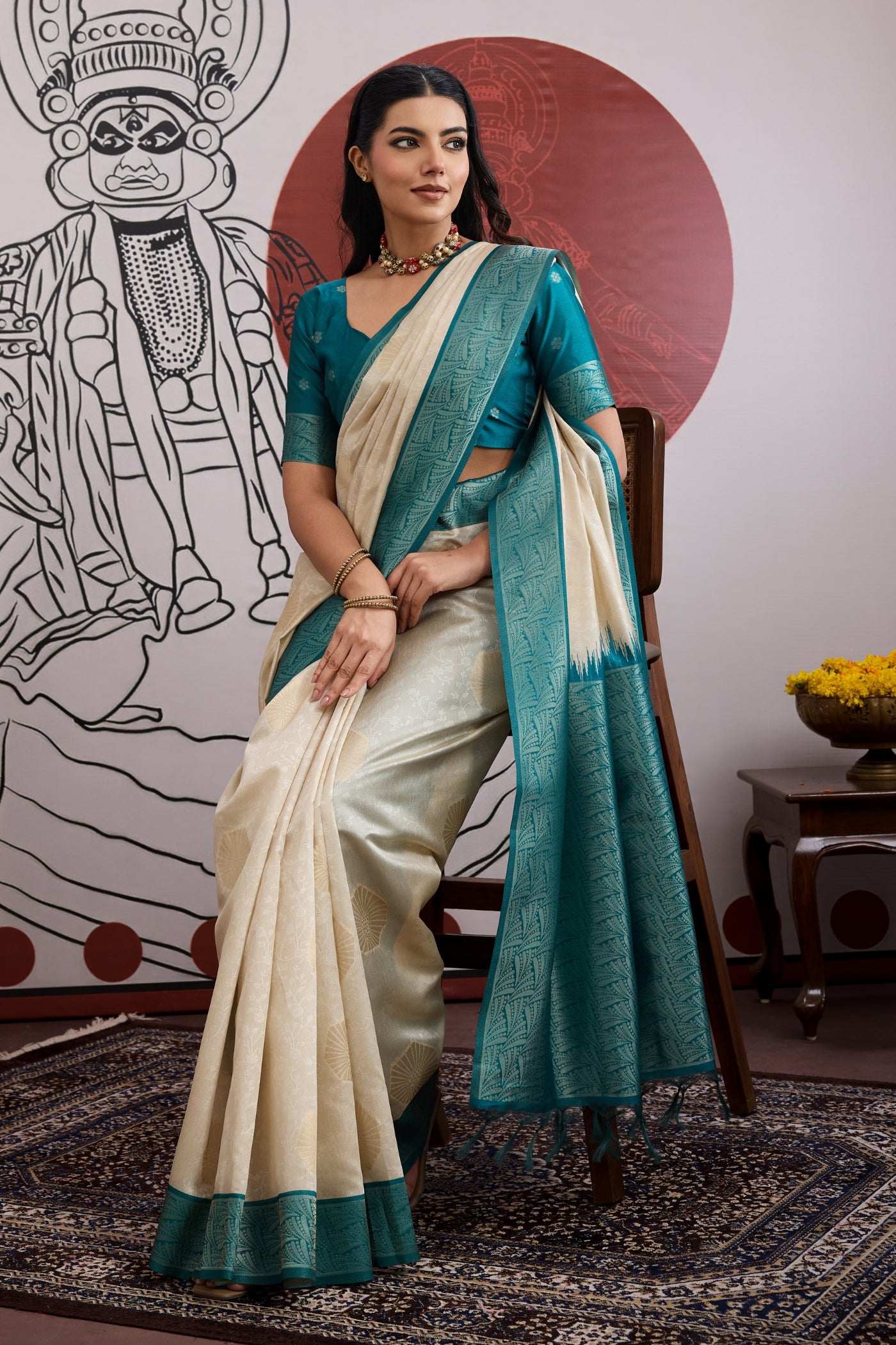 Buy MySilkLove Buttermilk Cream and Blue Handloom South Silk Saree Online