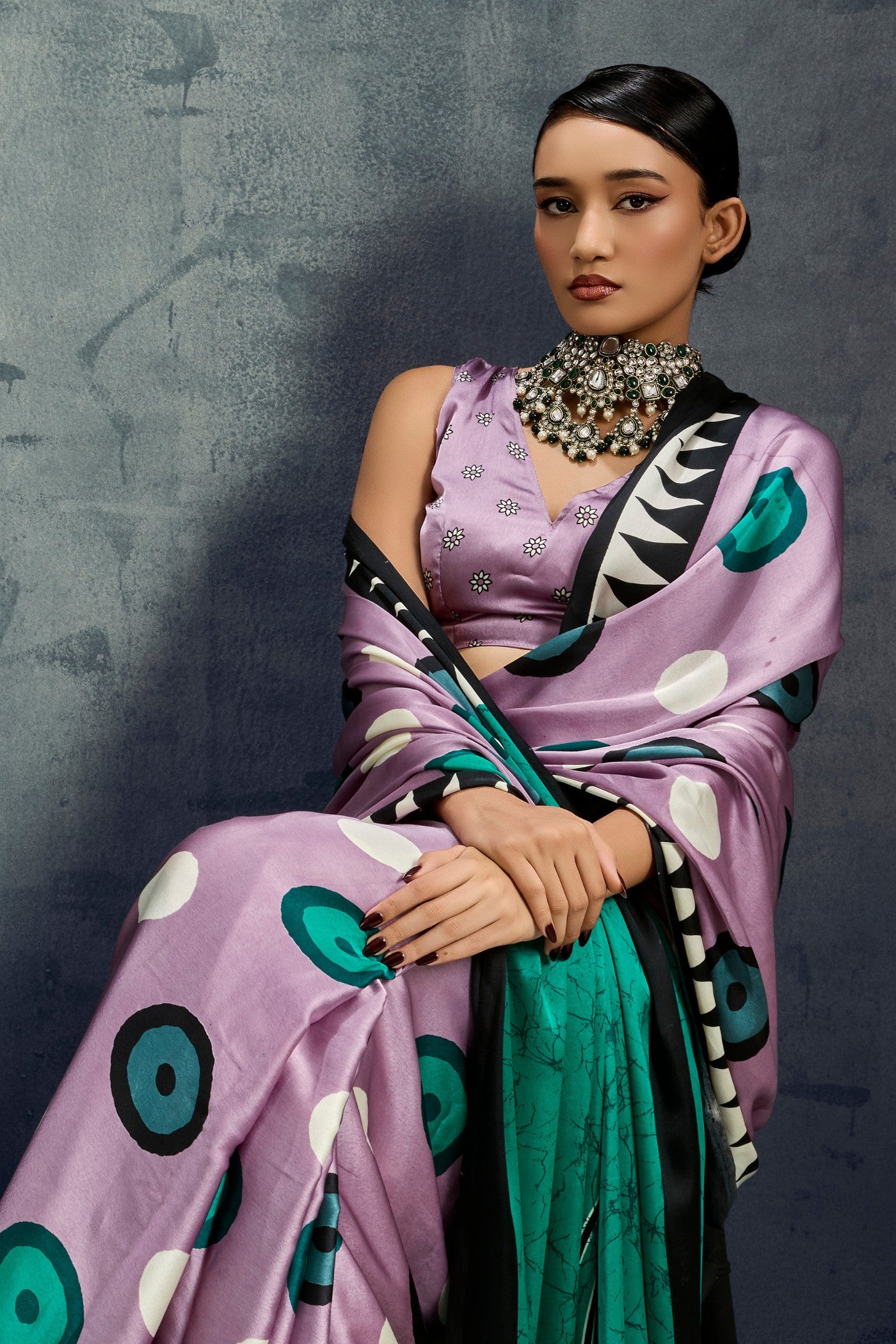 MySilkLove Thistle Purple Ajrakh Printed Satin Crepe Silk Saree