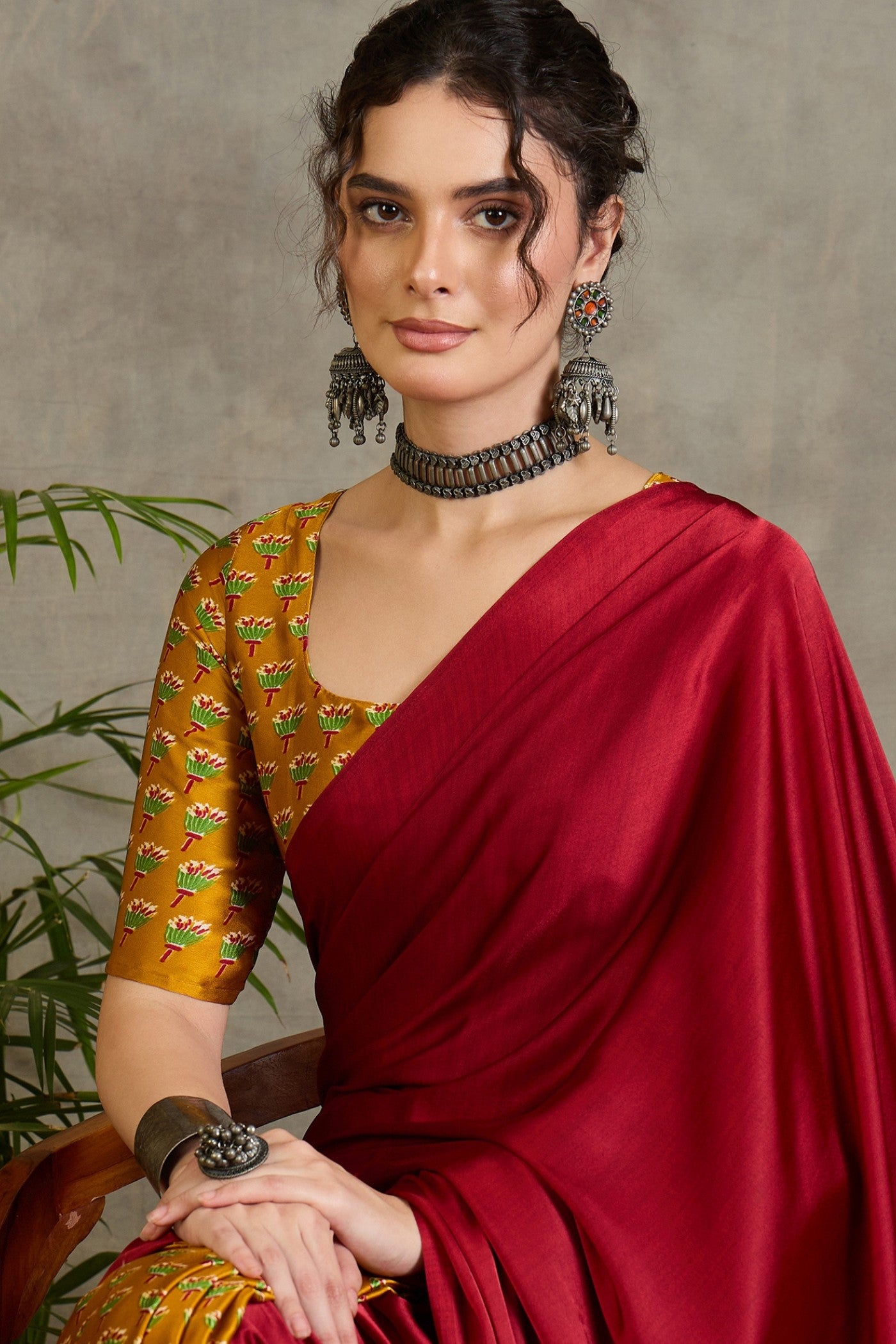 Buy MySilkLove Brick Red and Yellow Ajrakh Printed Satin Crepe Silk Saree Online