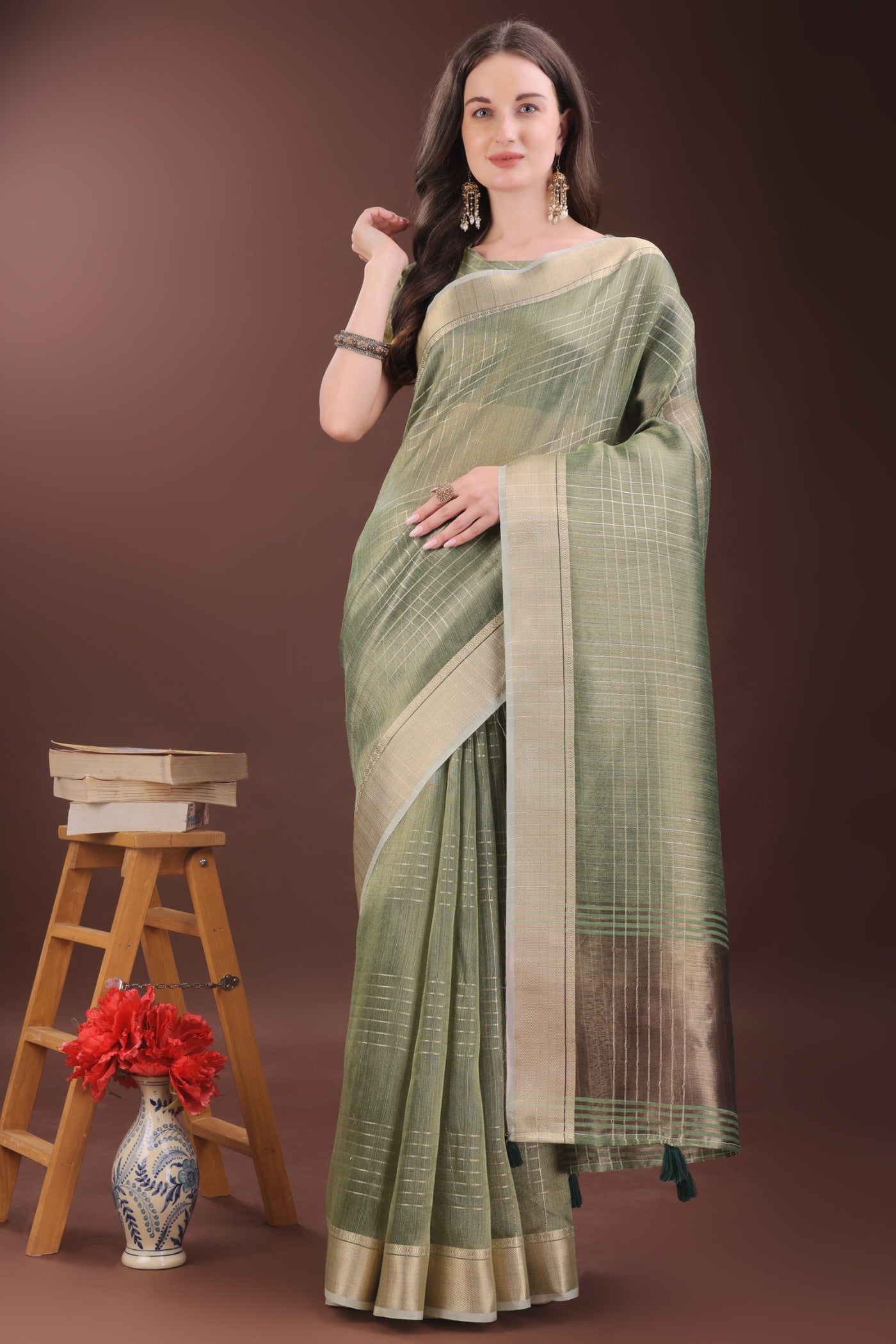 Buy MySilkLove Basil Green Woven Organza Saree Online