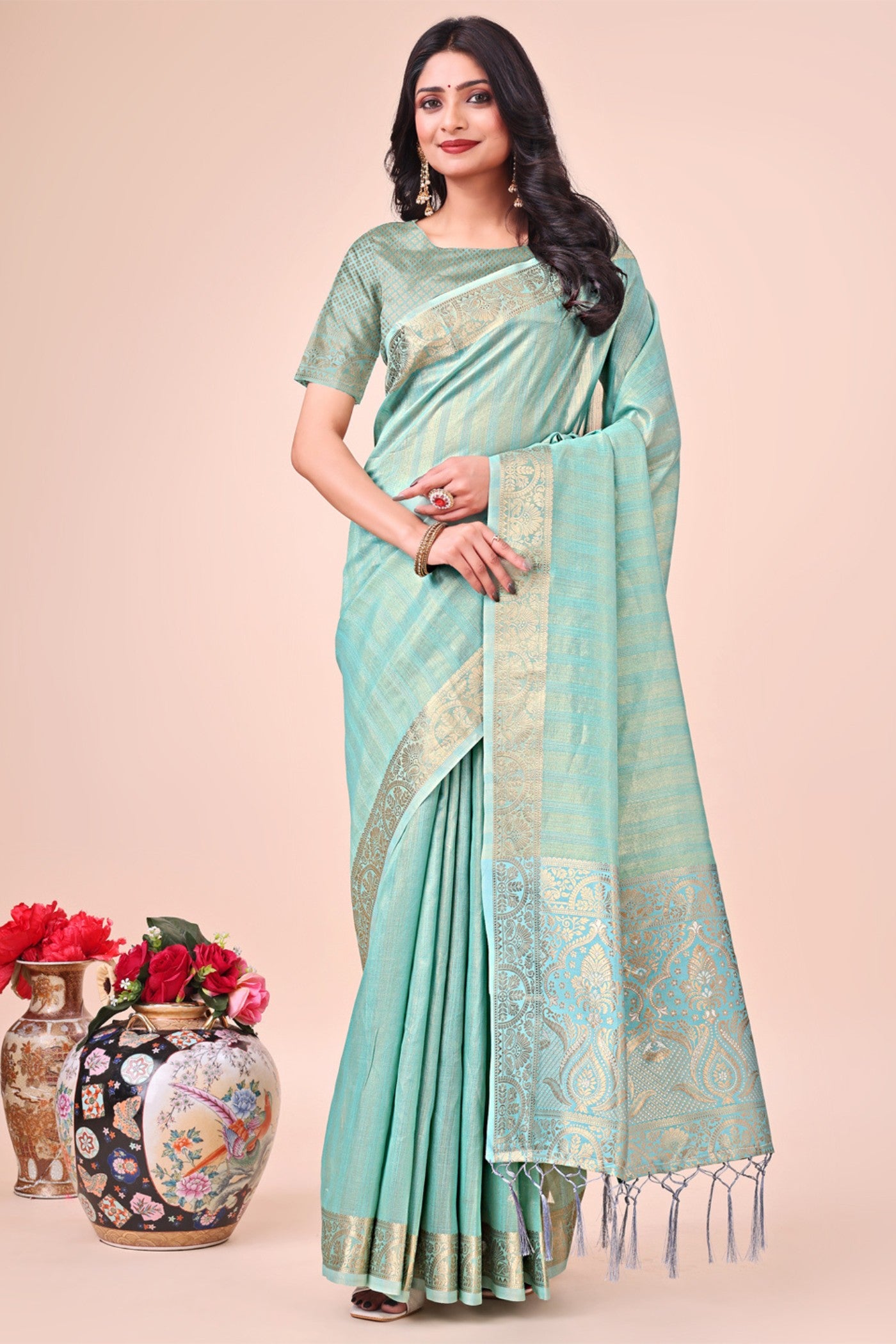 Buy MySilkLove Celeste Blue Woven Organza Saree Online