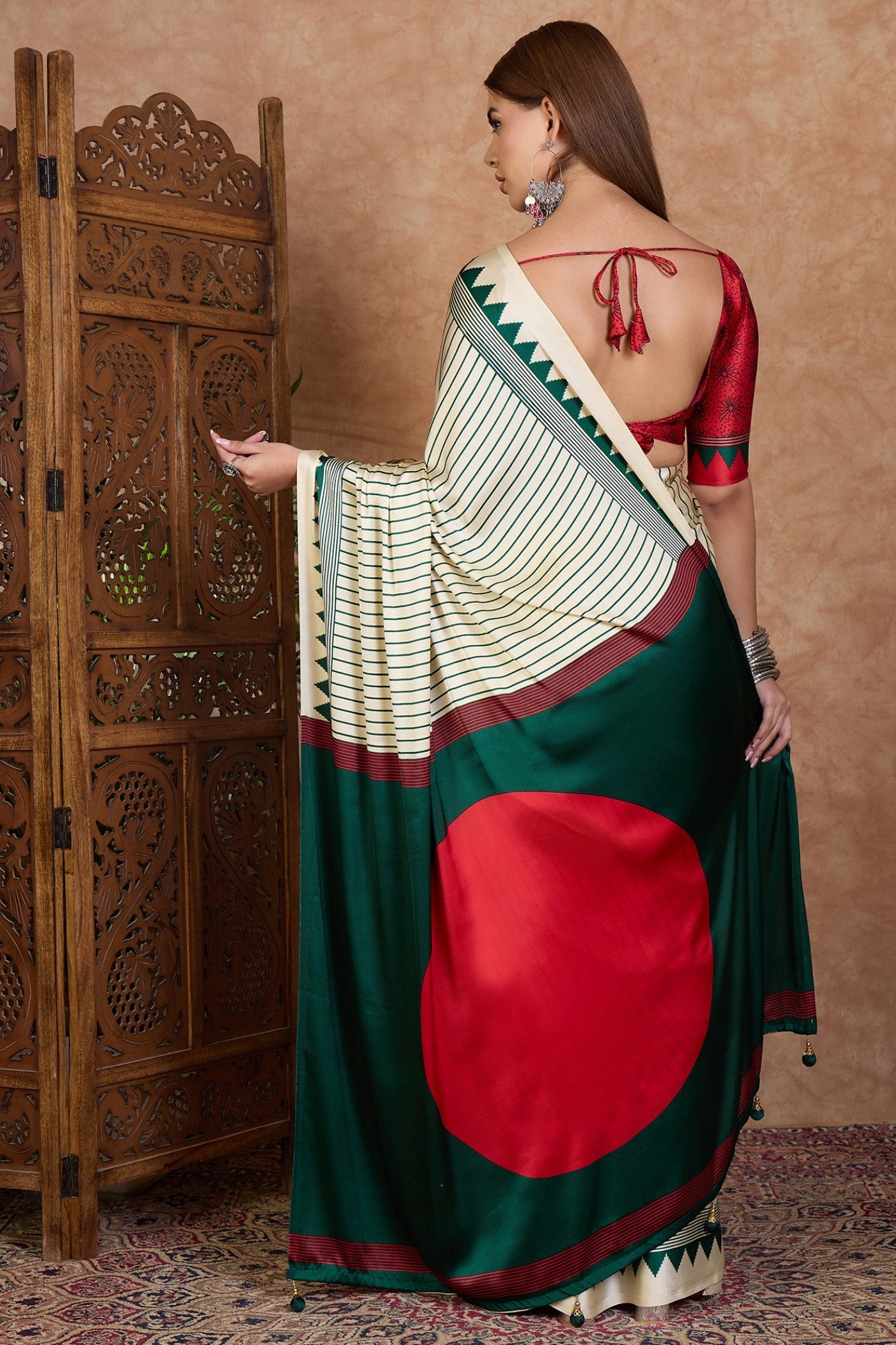 Buy MySilkLove Powder White and Green Stripe Ajrakh Printed Satin Crepe Silk Saree Online