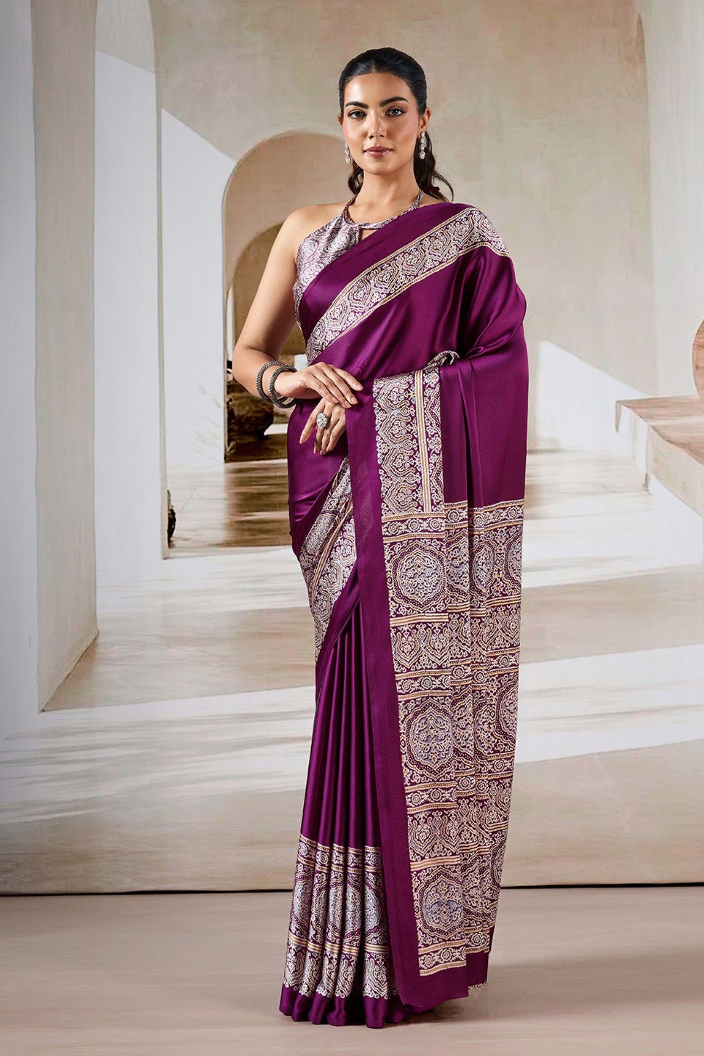 Buy MySilkLove Purple pizzazz Ajrakh Printed Satin Crepe Silk Saree Online