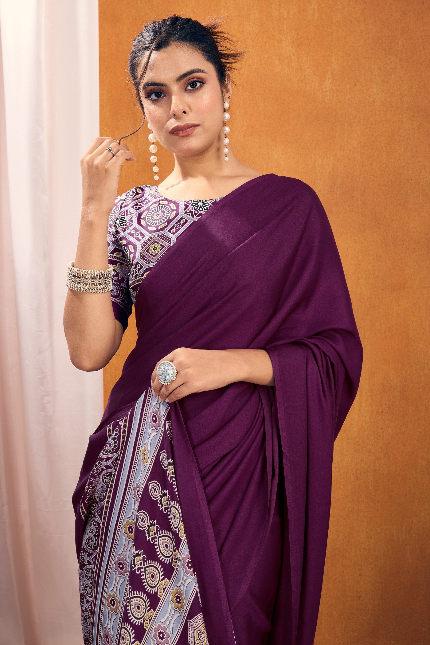 Buy MySilkLove Cosmic Purple Ajrakh Printed Satin Crepe Silk Saree Online
