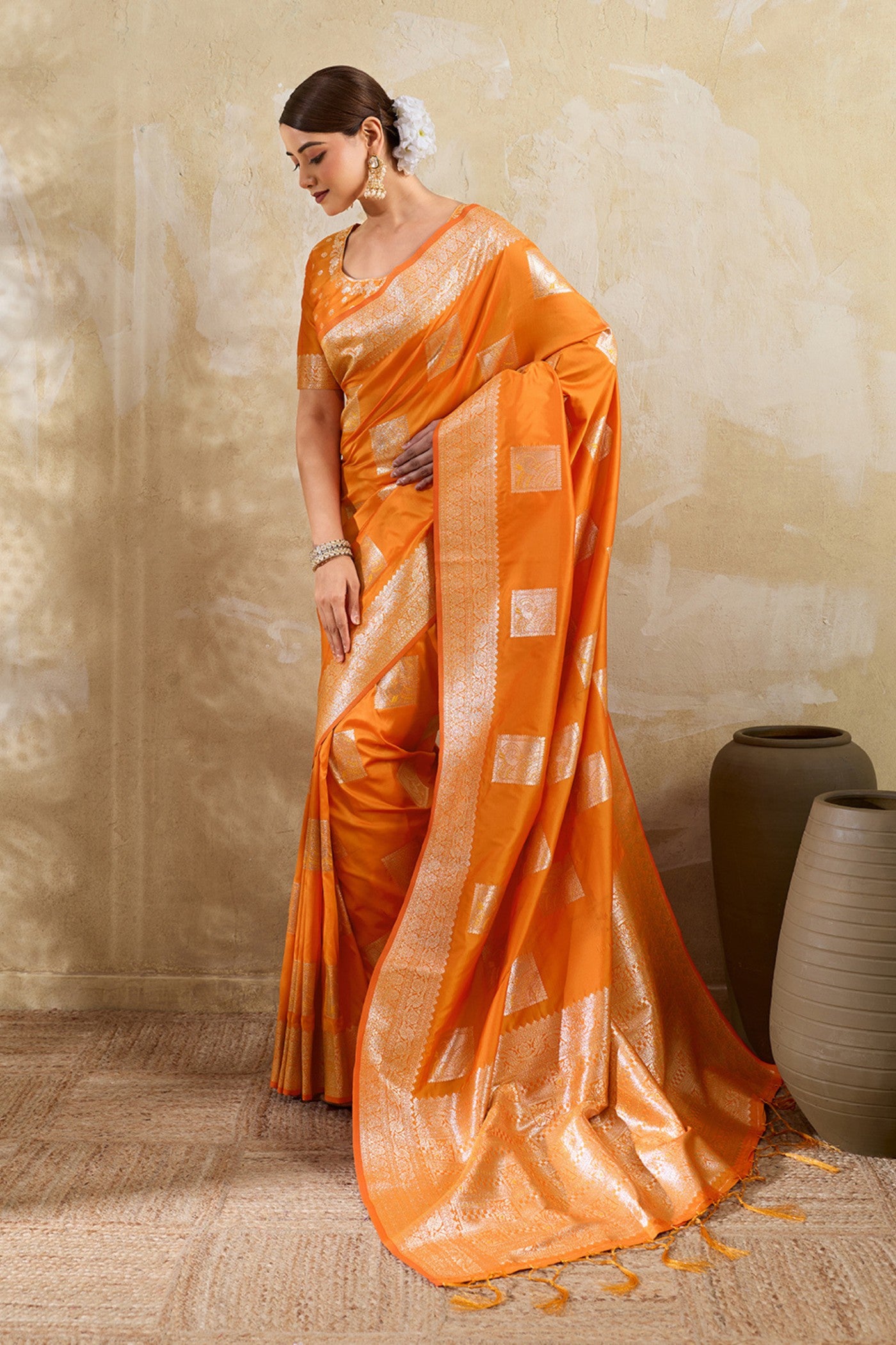 Buy MySilkLove Tomato Orange Woven Banarasi Soft Silk Saree Online