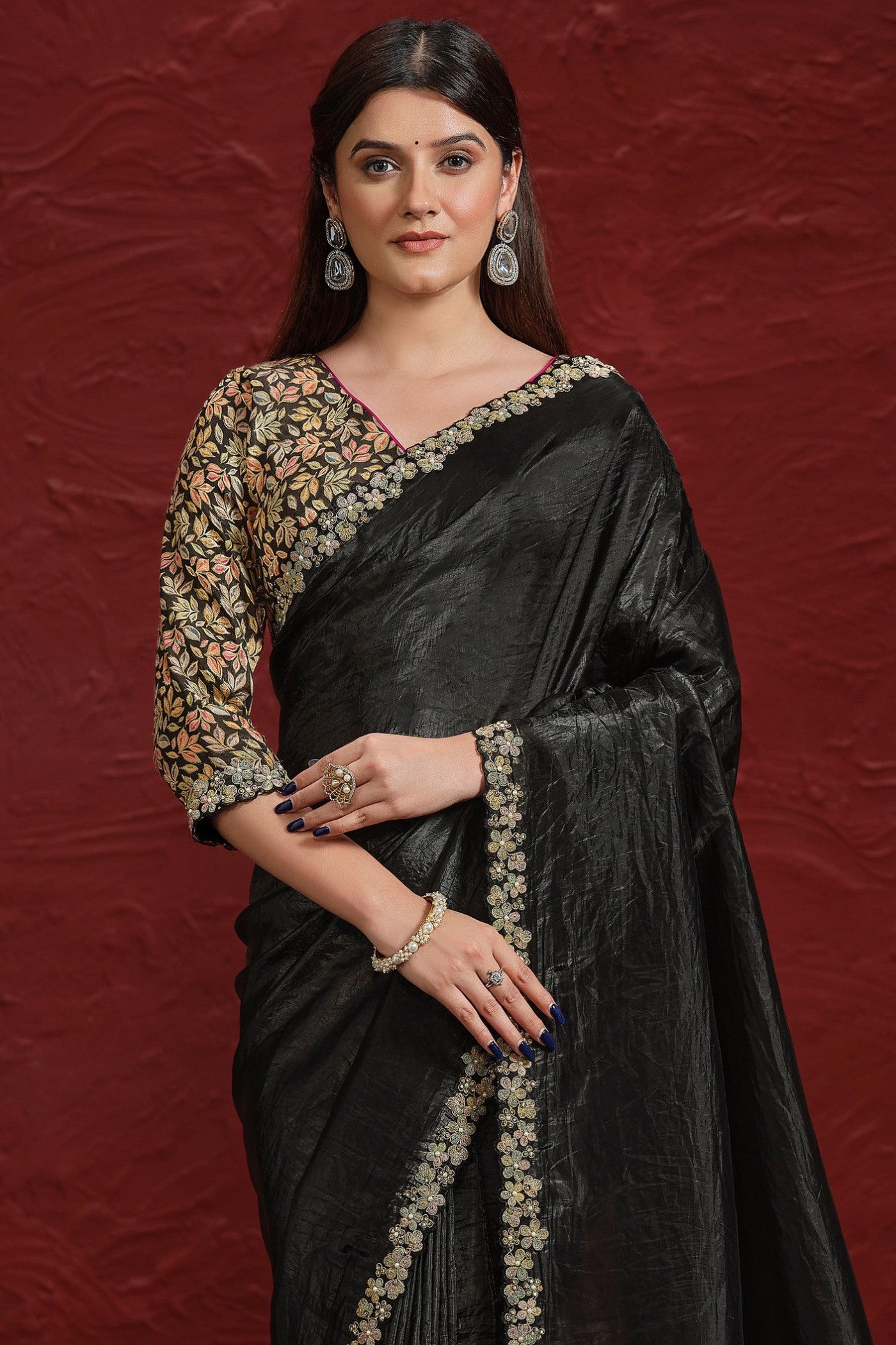Buy MySilkLove Spider Black Paper Silk Saree with Stitched Blouse Online