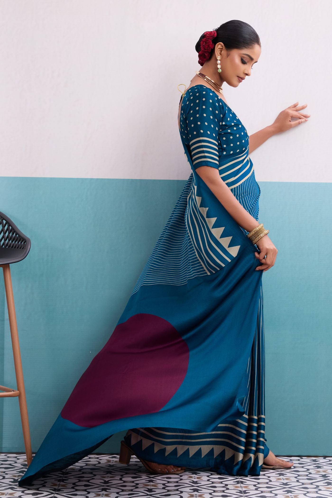 Buy MySilkLove Marine Blue Stripe Ajrakh Printed Satin Crepe Silk Saree Online