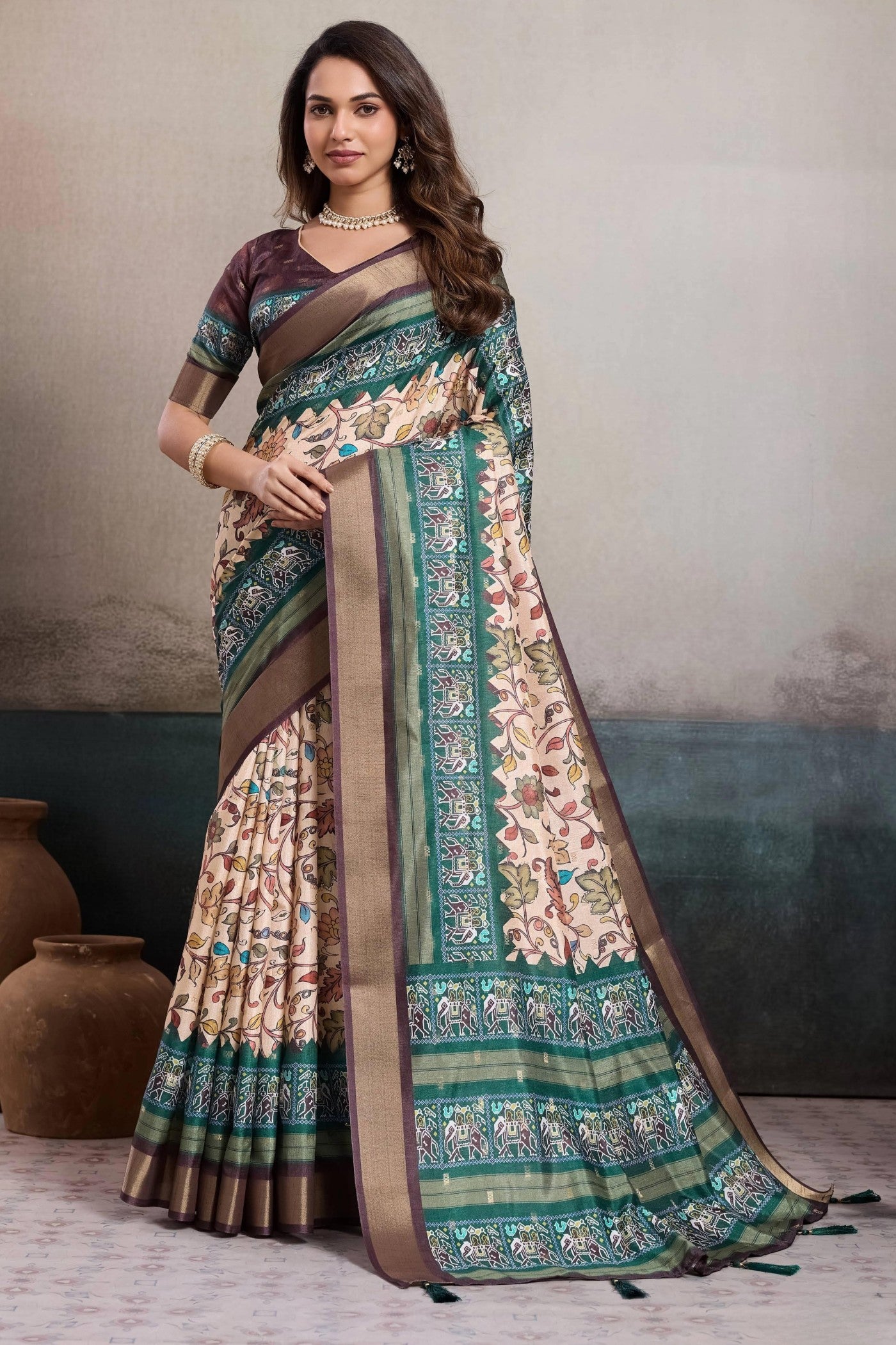 Buy MySilkLove Hues Cream and Blue Digital Printed Saree Online