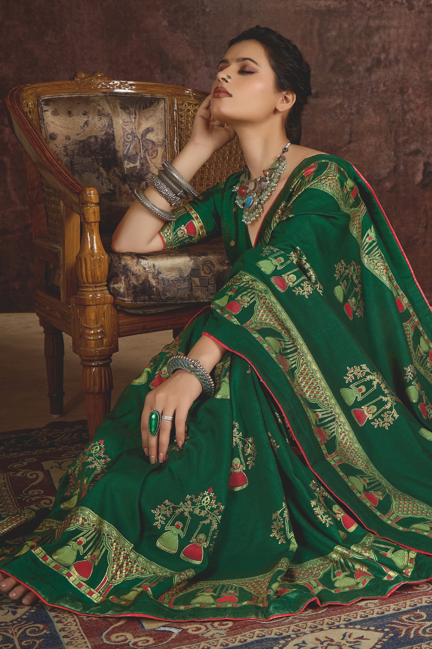 MySilkLove Dark Leaf Green Tussar Rajwadi Printed Silk Saree