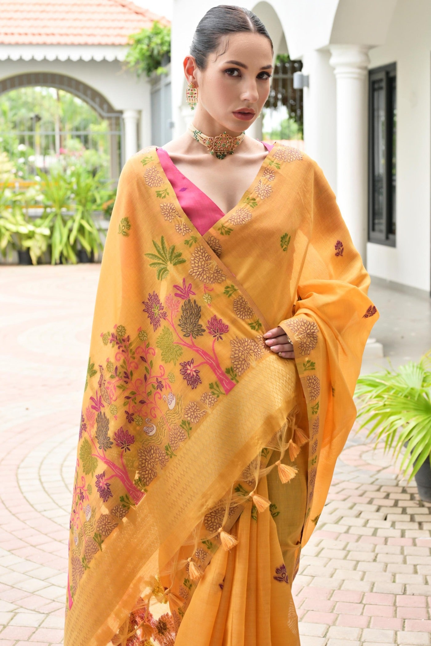 Buy MySilkLove Turmeric Yellow Woven Muga Cotton Saree Online