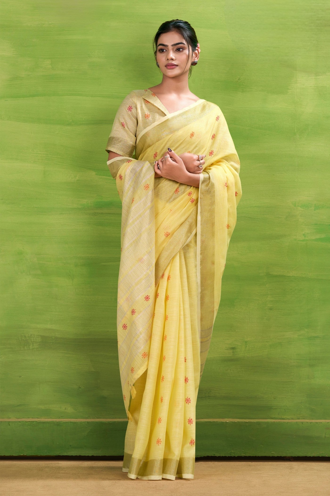 Buy MySilkLove Citrine Yellow Woven Linen Saree Online