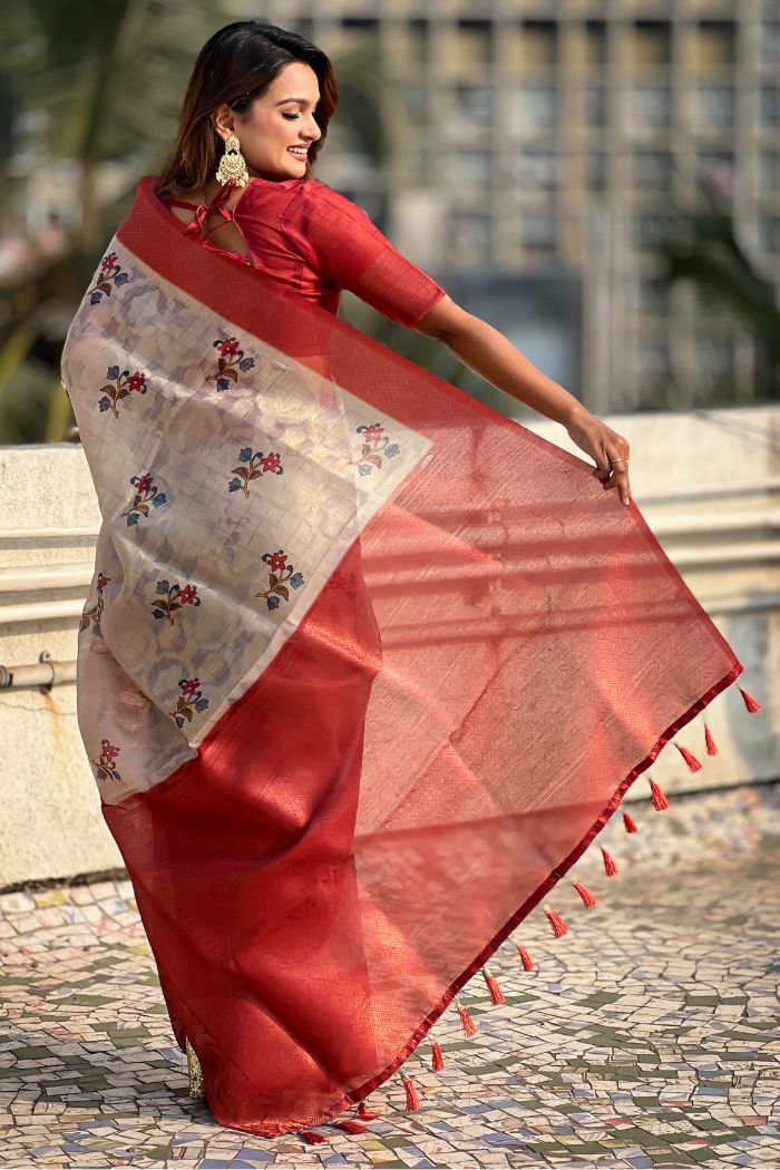 Buy MySilkLove Fawn Cream and Red Woven Cotton Saree Online