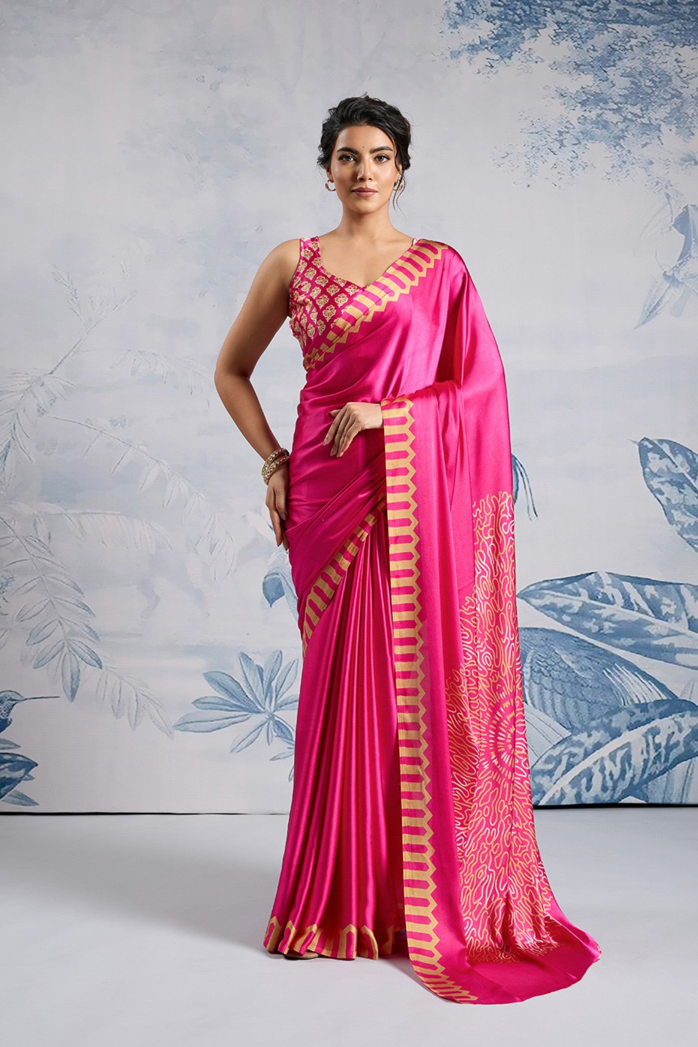 Buy MySilkLove Rani Pink Printed Satin Crepe Silk Saree Online